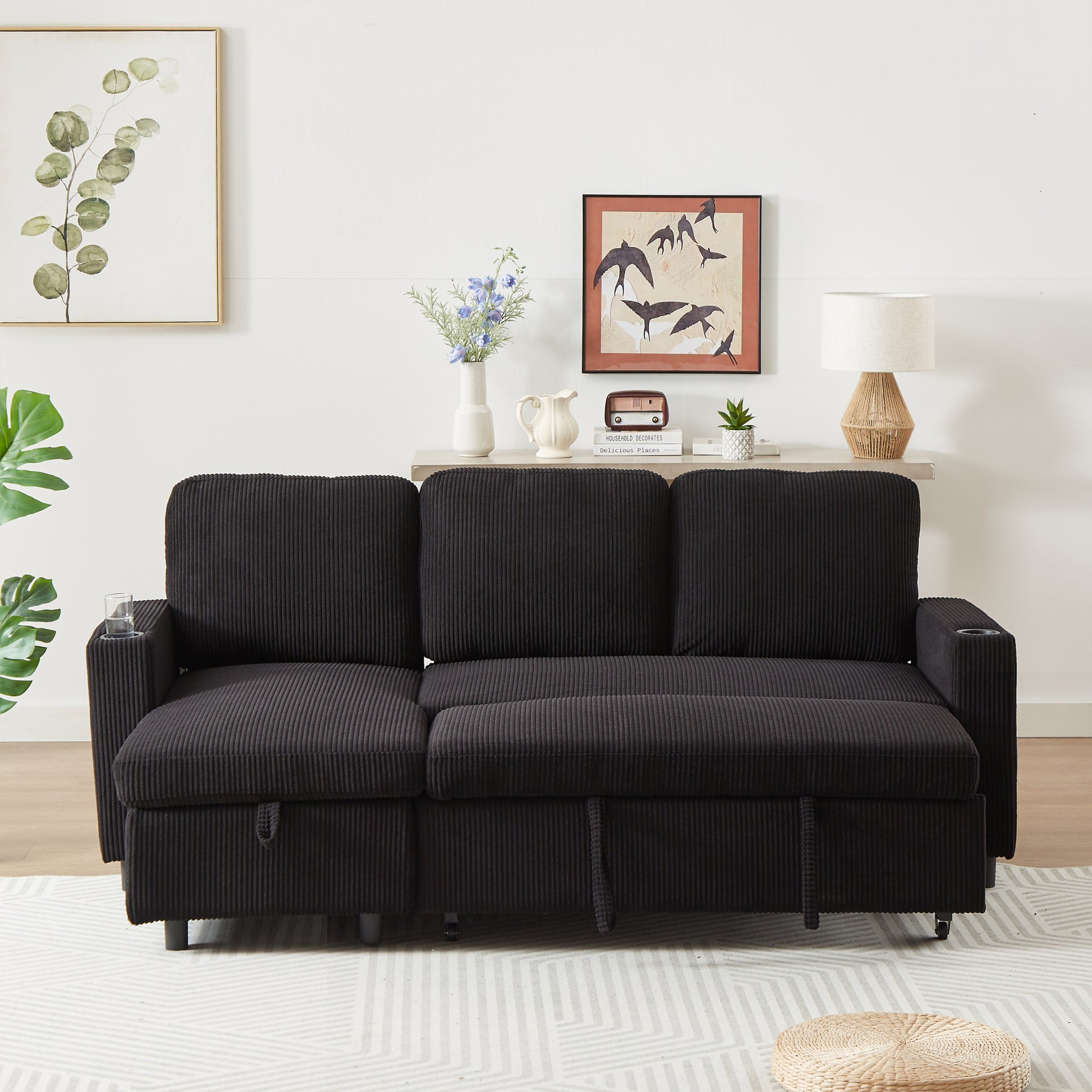 Fx78.7" Comfortable Corduroy L Shaped Combo Sofa Bed, Living Room Furniture Set For Tight Spaces, Reversible Sleeper Combo Sofa With Pullout Bed, Reversible Sofa Bed For Living Room, W1926S00010 Black Wood Primary Living Space Foam Corduroy 3 Seat