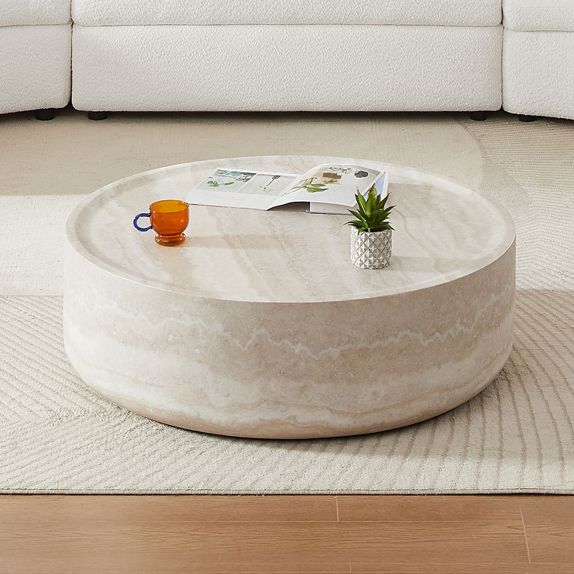 35.43'' Faux Mars Pattern Coffee Tables For Living Room Round Tea Faux Travertine Textured Table For Living Room, No Need Assembly. Marble Fiberglass