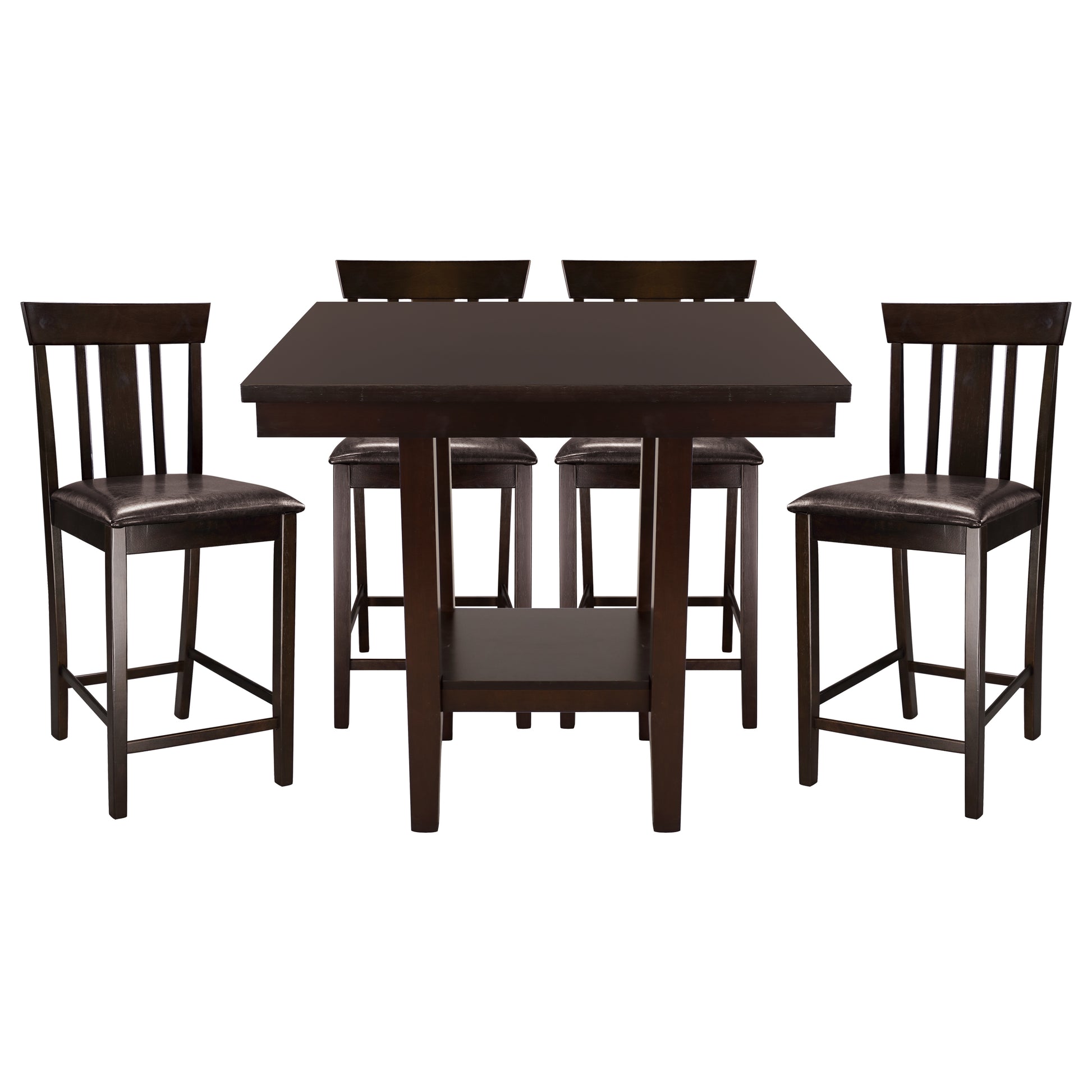 5Pc Counter Height Dining Set Espresso Finish Counter Height Table With Shelf And 4 Counter Height Chairs Set Wooden Furniture Dining Kitchen Set Wood Wood Espresso Seats 4 Wood Dining Room Square Dining Table With Chair Wood