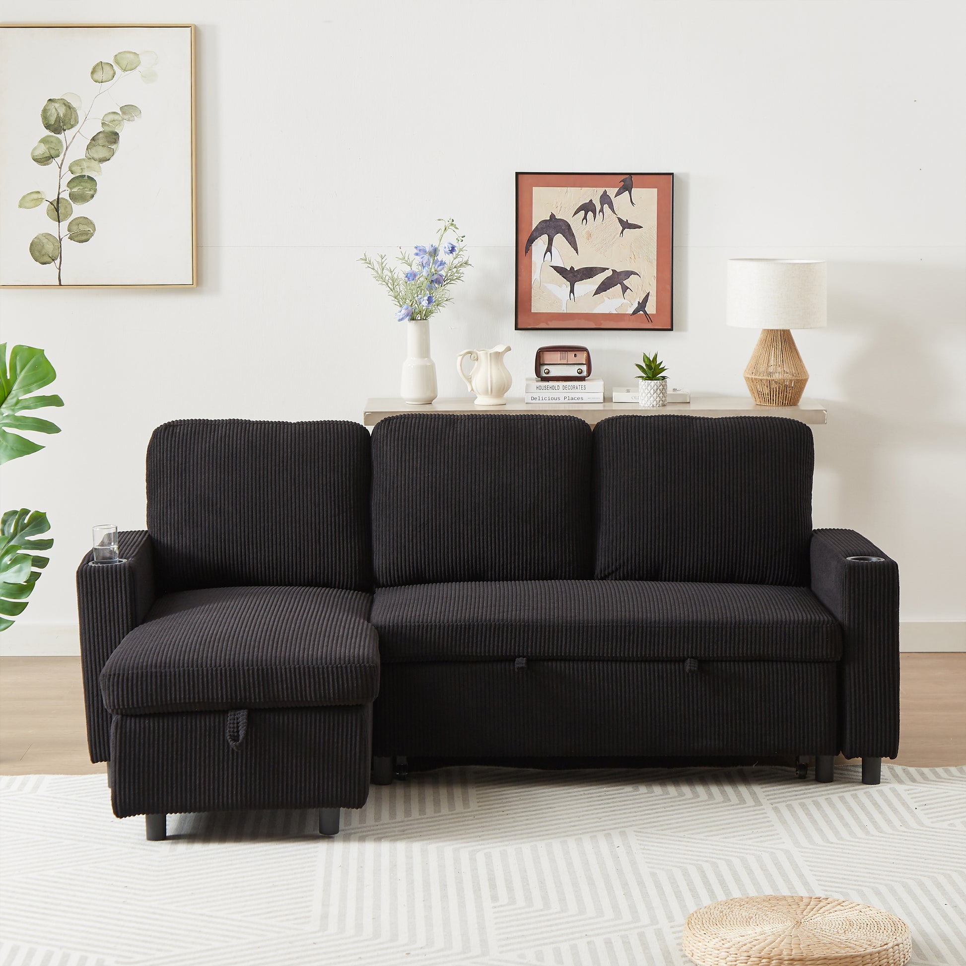 Fx78.7" Comfortable Corduroy L Shaped Combo Sofa Bed, Living Room Furniture Set For Tight Spaces, Reversible Sleeper Combo Sofa With Pullout Bed, Reversible Sofa Bed For Living Room, W1926S00010 Black Wood Primary Living Space Foam Corduroy 3 Seat