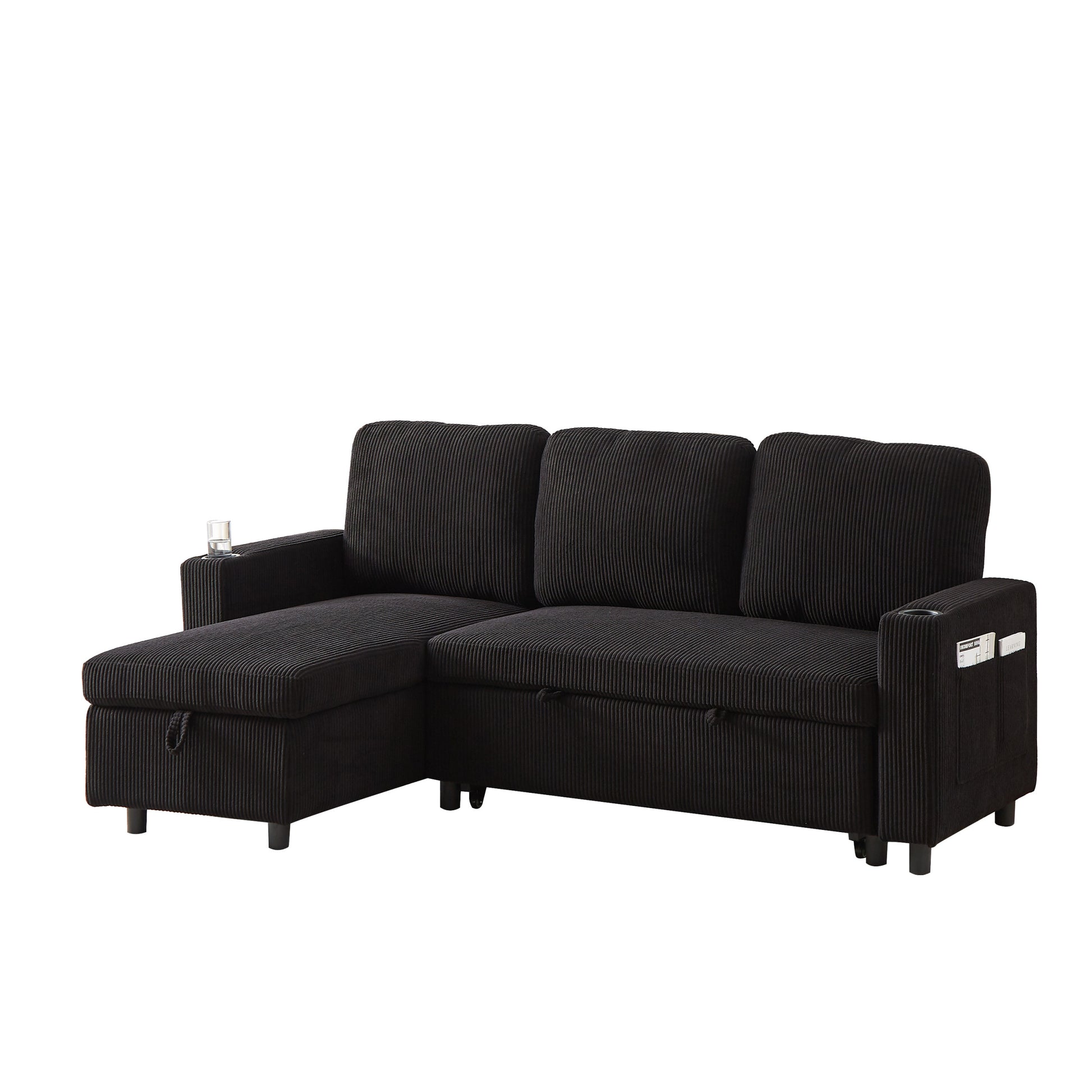 Fx78.7" Comfortable Corduroy L Shaped Combo Sofa Bed, Living Room Furniture Set For Tight Spaces, Reversible Sleeper Combo Sofa With Pullout Bed, Reversible Sofa Bed For Living Room, W1926S00010 Black Wood Primary Living Space Foam Corduroy 3 Seat