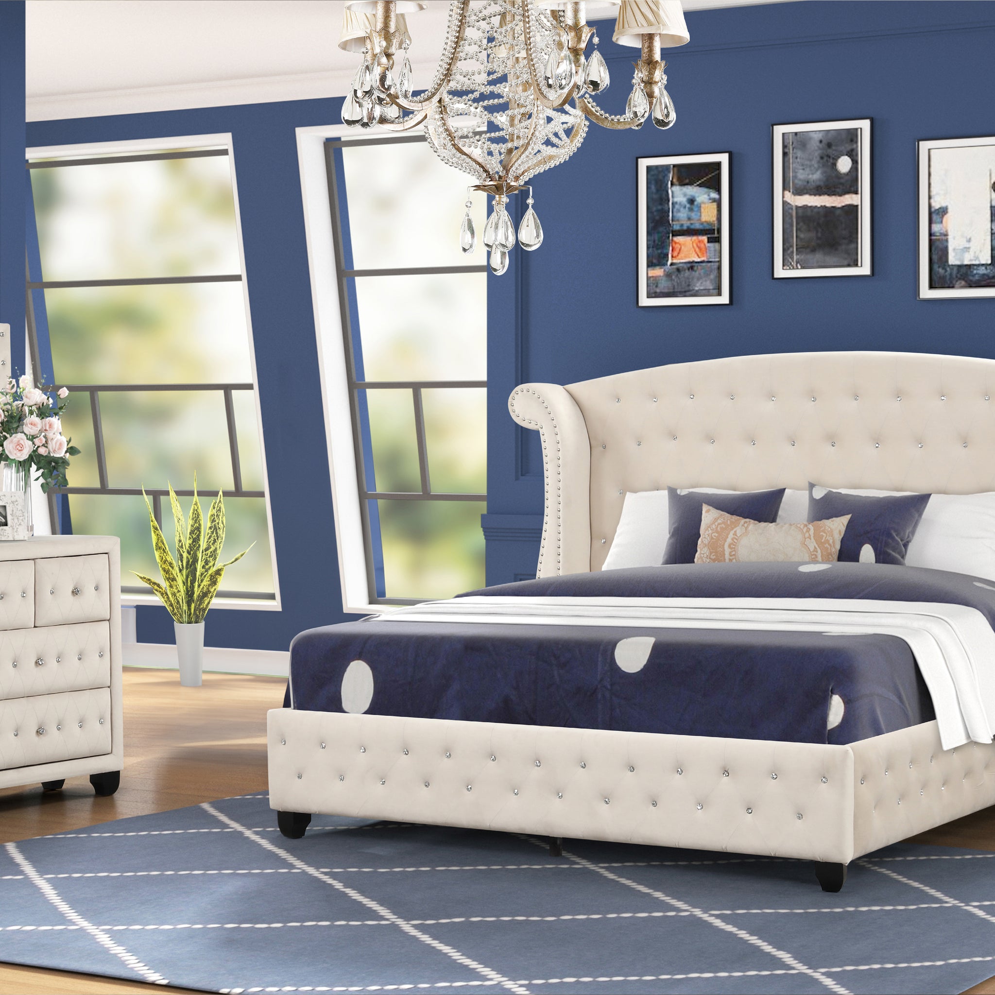 Sophia King 4 Pc Bedroom Set Made With Wood In Cream Box Spring Not Required King Cream Wood 4 Piece Set Bedroom Modern Upholstered Velvet Tufted Wood