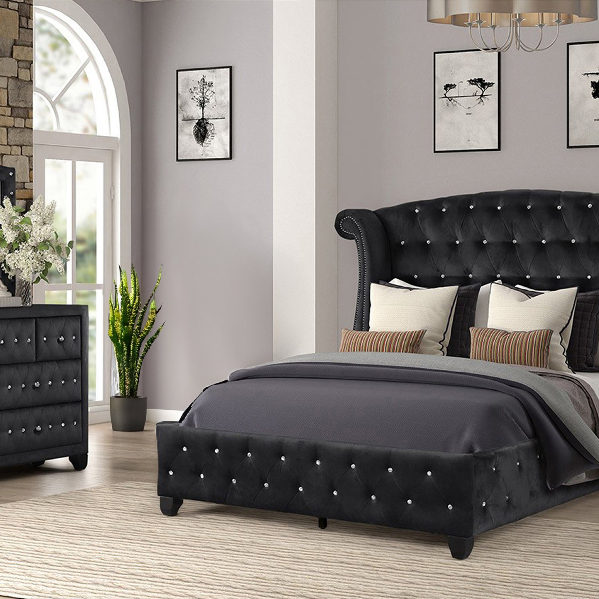 Queen 4 Pc Upholstery Bedroom Set Made With Wood In Black Box Spring Not Required Queen Black Wood 4 Piece Set Bedroom Contemporary,Modern Acacia Upholstered Velvet Tufted Wood