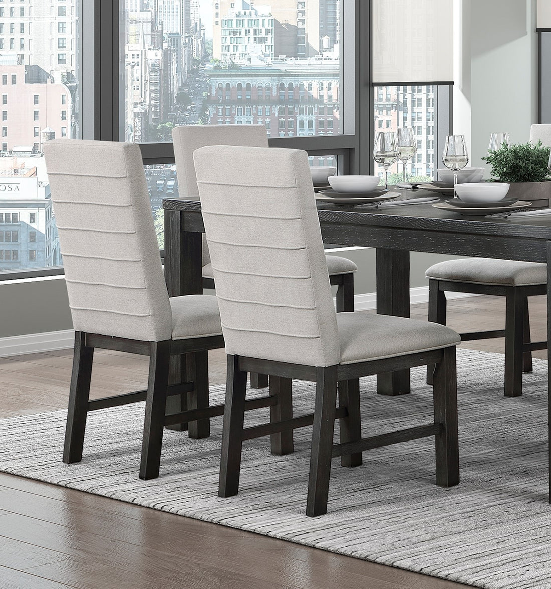 Antique Black Finish Modern Dining 5Pc Set Rectangular Table And 4 Upholstered Chairs Textured Gray Wooden Dining Room Furniture Wood Wood Antique Black Seats 4 Wood Dining Room 72 Inches 4 Leg Rectangular Dining Table With Chair Wood