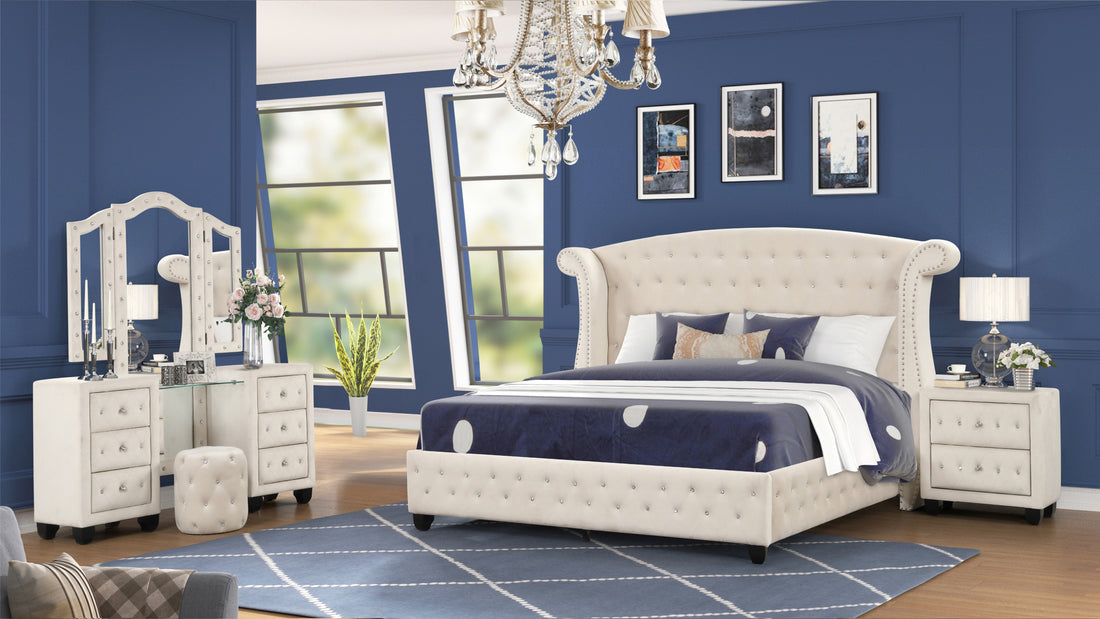 Sophia Crystal Tufted King 4 Pc Vanity Bedroom Set Made With Wood In Cream Box Spring Not Required King Cream Wood 4 Piece Set Bedroom Contemporary,Modern Upholstered Velvet Tufted Wood