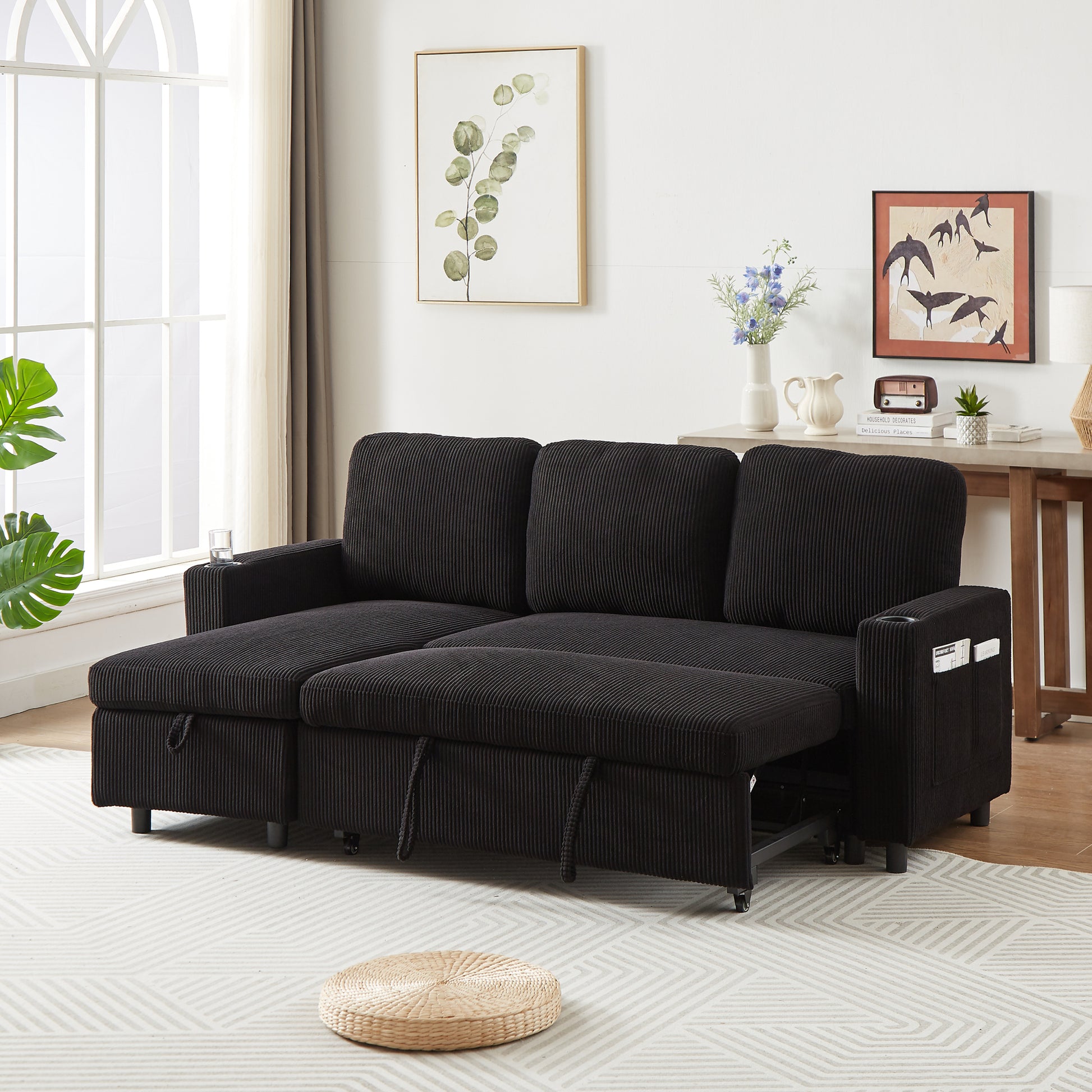 Fx78.7" Comfortable Corduroy L Shaped Combo Sofa Bed, Living Room Furniture Set For Tight Spaces, Reversible Sleeper Combo Sofa With Pullout Bed, Reversible Sofa Bed For Living Room, W1926S00010 Black Wood Primary Living Space Foam Corduroy 3 Seat