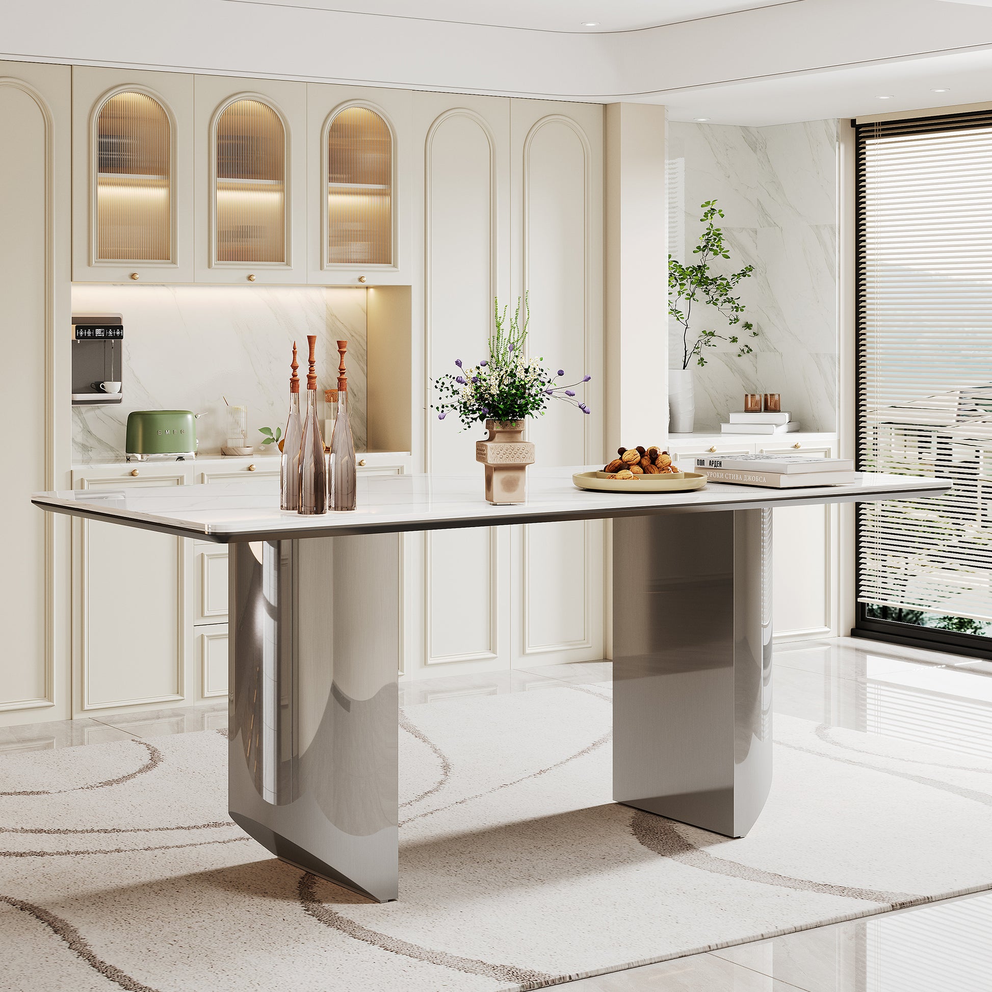 0.47" Thick Sintered Stone Composite Tempered Glass Top Dining Table With Stainless Steel Base Silver Sintered Stone