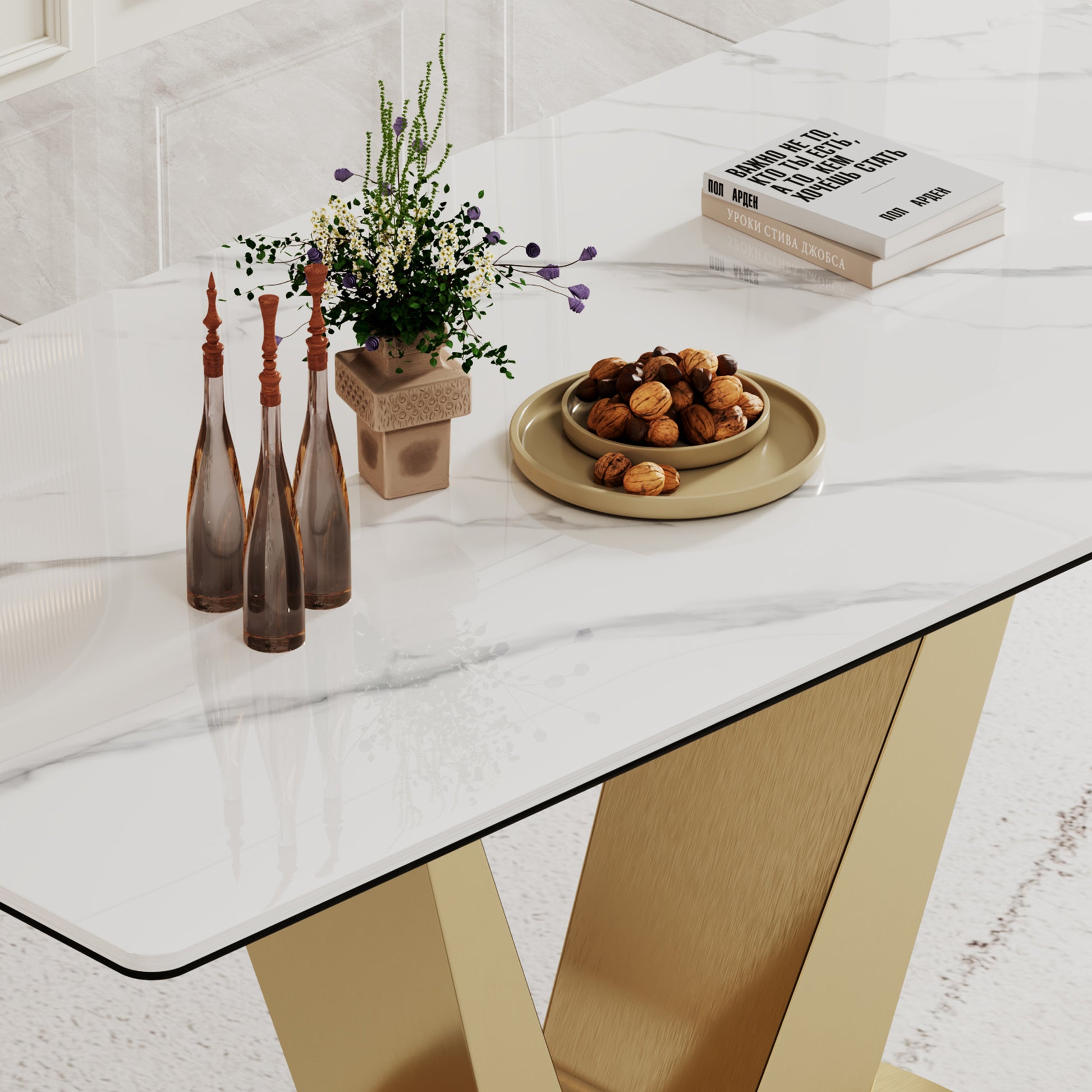 0.47" Thick Sintered Stone Composite Tempered Glass Top Dining Table With V Shape Stainless Steel Base Gold Sintered Stone