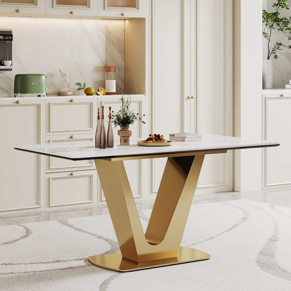 0.47" Thick Sintered Stone Composite Tempered Glass Top Dining Table With V Shape Stainless Steel Base Gold Sintered Stone