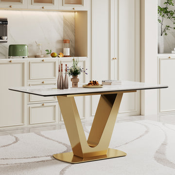 0.47" Thick Sintered Stone Composite Tempered Glass Top Dining Table With V Shape Stainless Steel Base Gold Sintered Stone