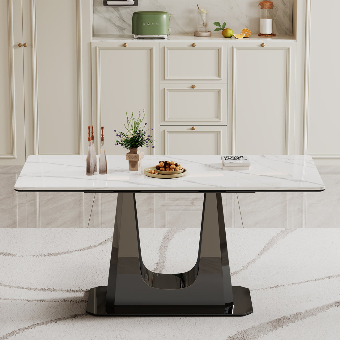 0.47" Thick Sintered Stone Composite Tempered Glass Top Rectangular Dining Table With Black Stainless Steel Base Black Sintered Stone