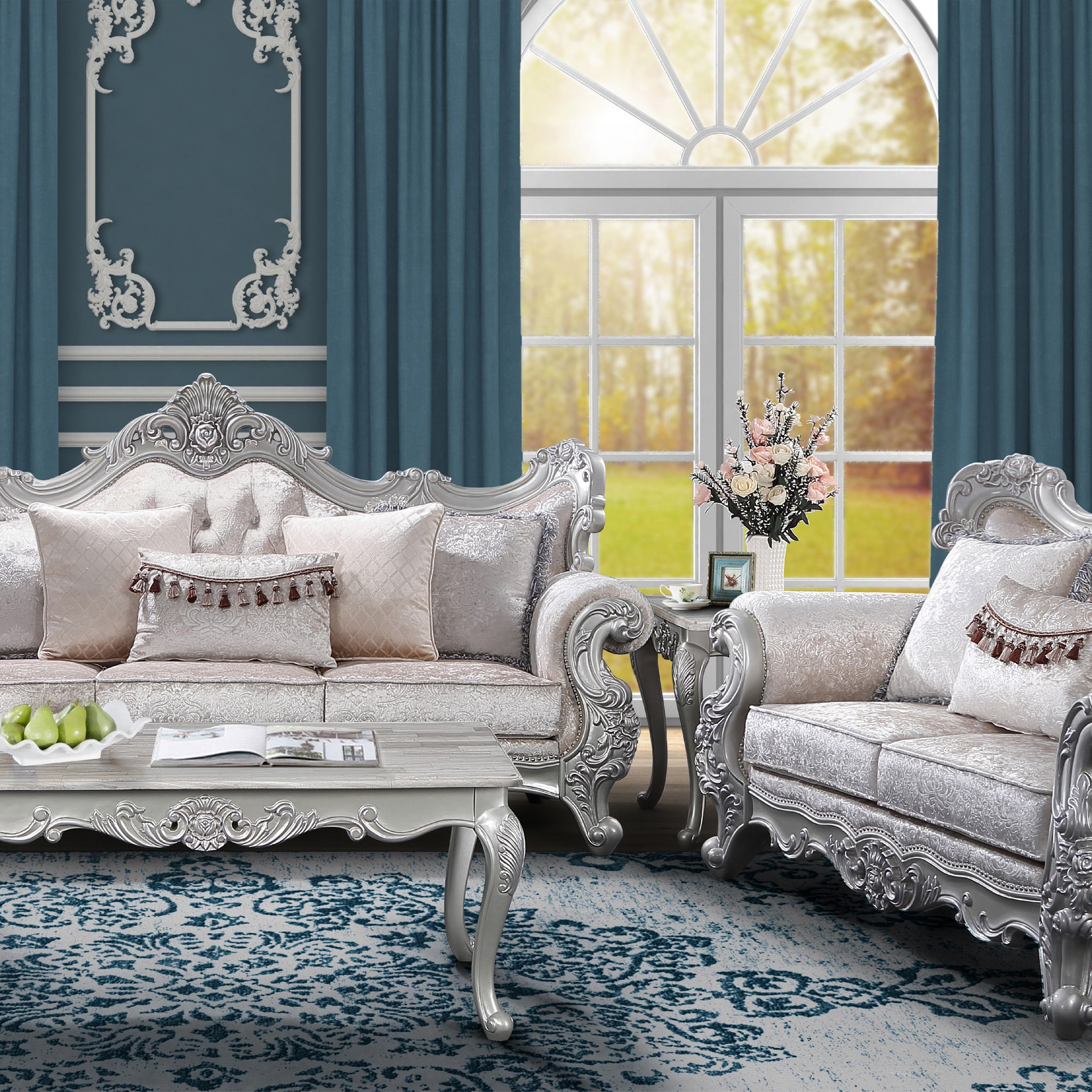 Melrose 2Pc Traditional Living Room Set In Champagne With Silver Brush Silver Gray Chenille Wood Primary Living Space Traditional Wood 5 Seat