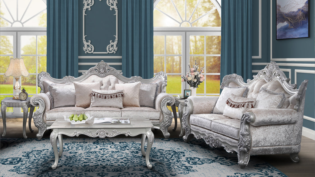 Melrose 2Pc Traditional Living Room Set In Champagne With Silver Brush Silver Gray Chenille Wood Primary Living Space Traditional Wood 5 Seat