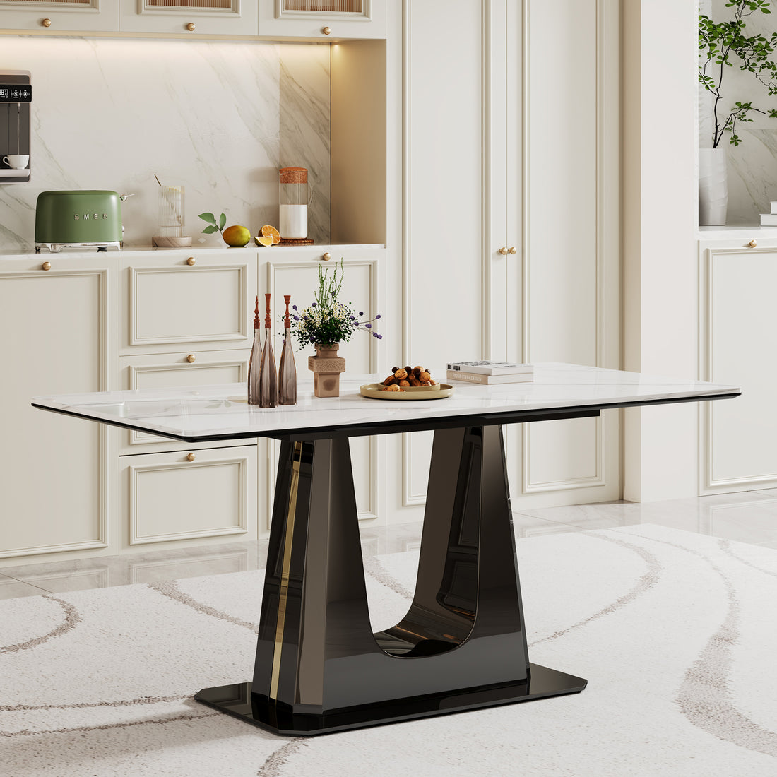 0.47" Thick Sintered Stone Composite Tempered Glass Top Rectangular Dining Table With Black Stainless Steel Base Black Sintered Stone