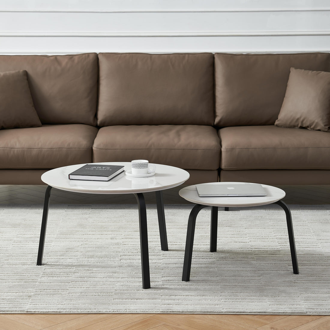 Coffee Table Nesting White Set Of 2, Side Set Black Frame Circular And Marble Tables, Living Room Bedroom Apartment Modern Simple Accent Tea Table Nightstand, Easy Assembly Black Metal Stone