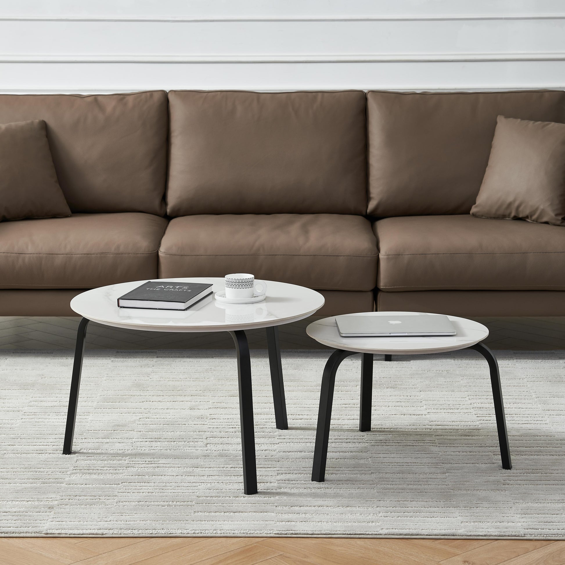 Coffee Table Nesting White Set Of 2, Side Set Black Frame Circular And Marble Tables, Living Room Bedroom Apartment Modern Simple Accent Tea Table Nightstand, Easy Assembly Black Metal Stone