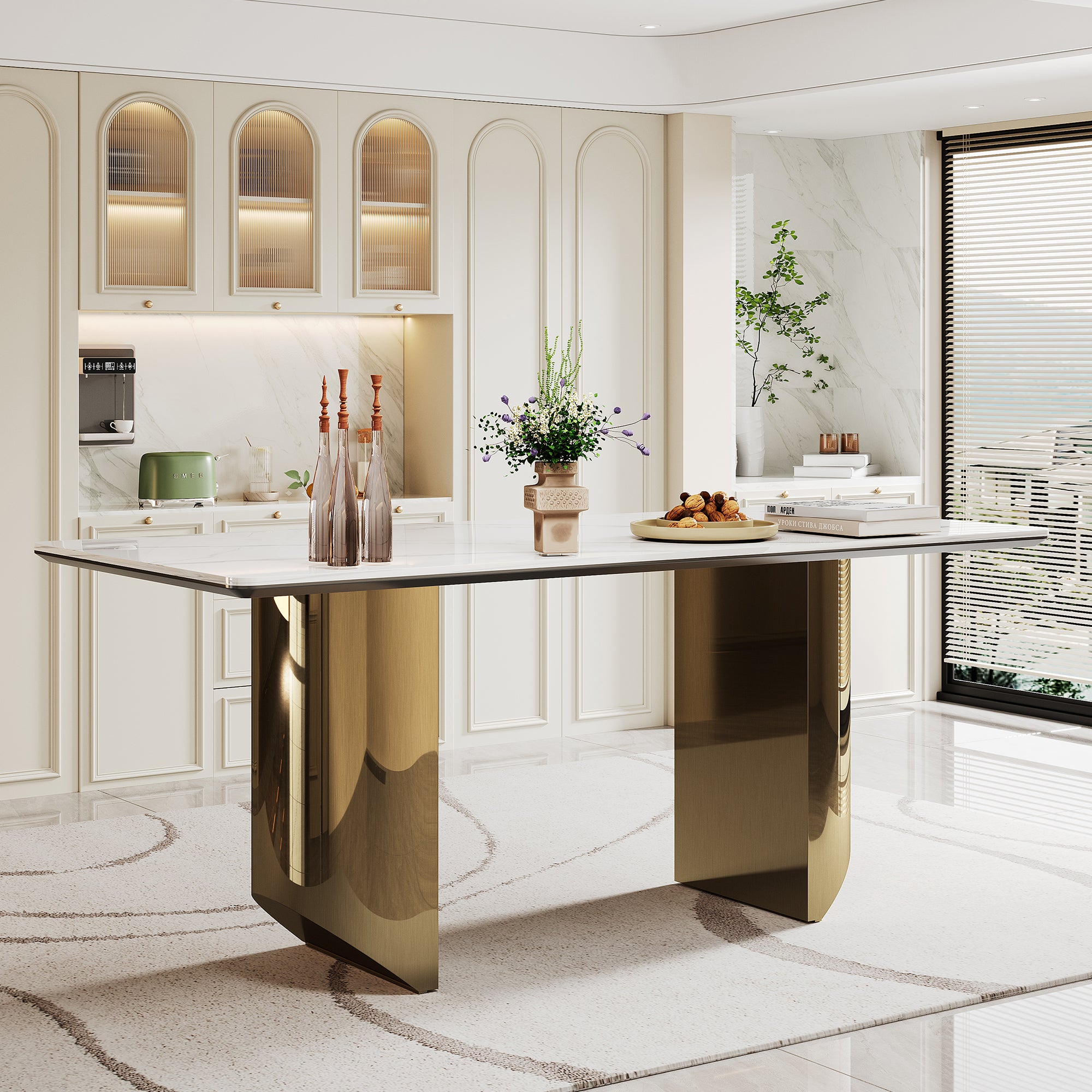 0.47" Thick Sintered Stone Composite Tempered Glass Top Dining Table With Stainless Steel Base Gold Sintered Stone