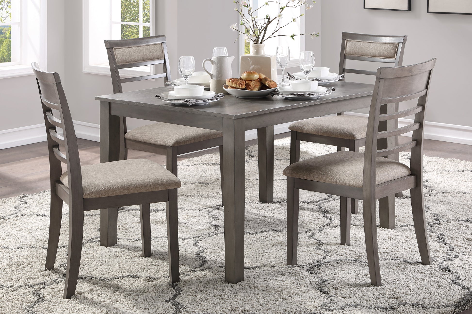 Beautiful Gray Finish 5Pc Dining Set Table And 4 Side Chairs Set Fabric Upholstery Wooden Furniture Kitchen Dining Set Wood Wood Gray Seats 4 Wood Dining Room 48 Inches Transitional 4 Leg Rectangular Dining Table With Chair Wood