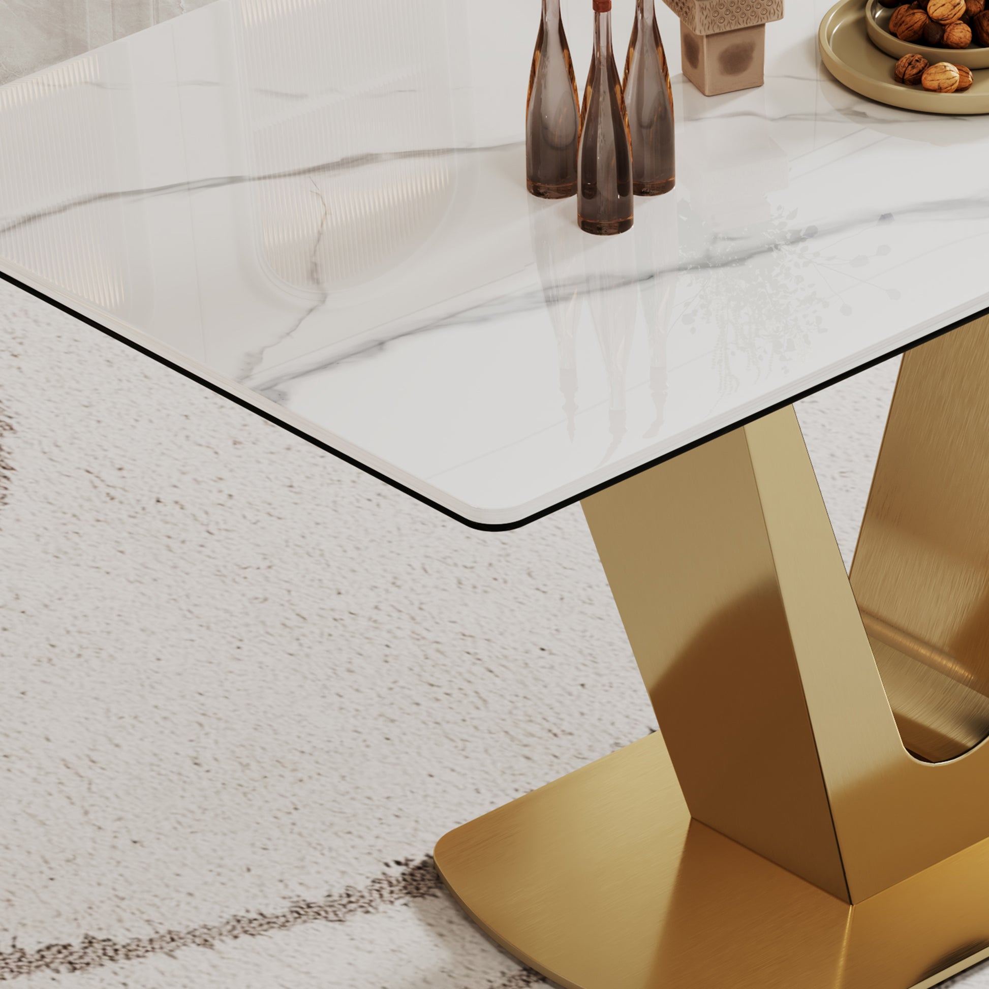 0.47" Thick Sintered Stone Composite Tempered Glass Top Dining Table With V Shape Stainless Steel Base Gold Sintered Stone