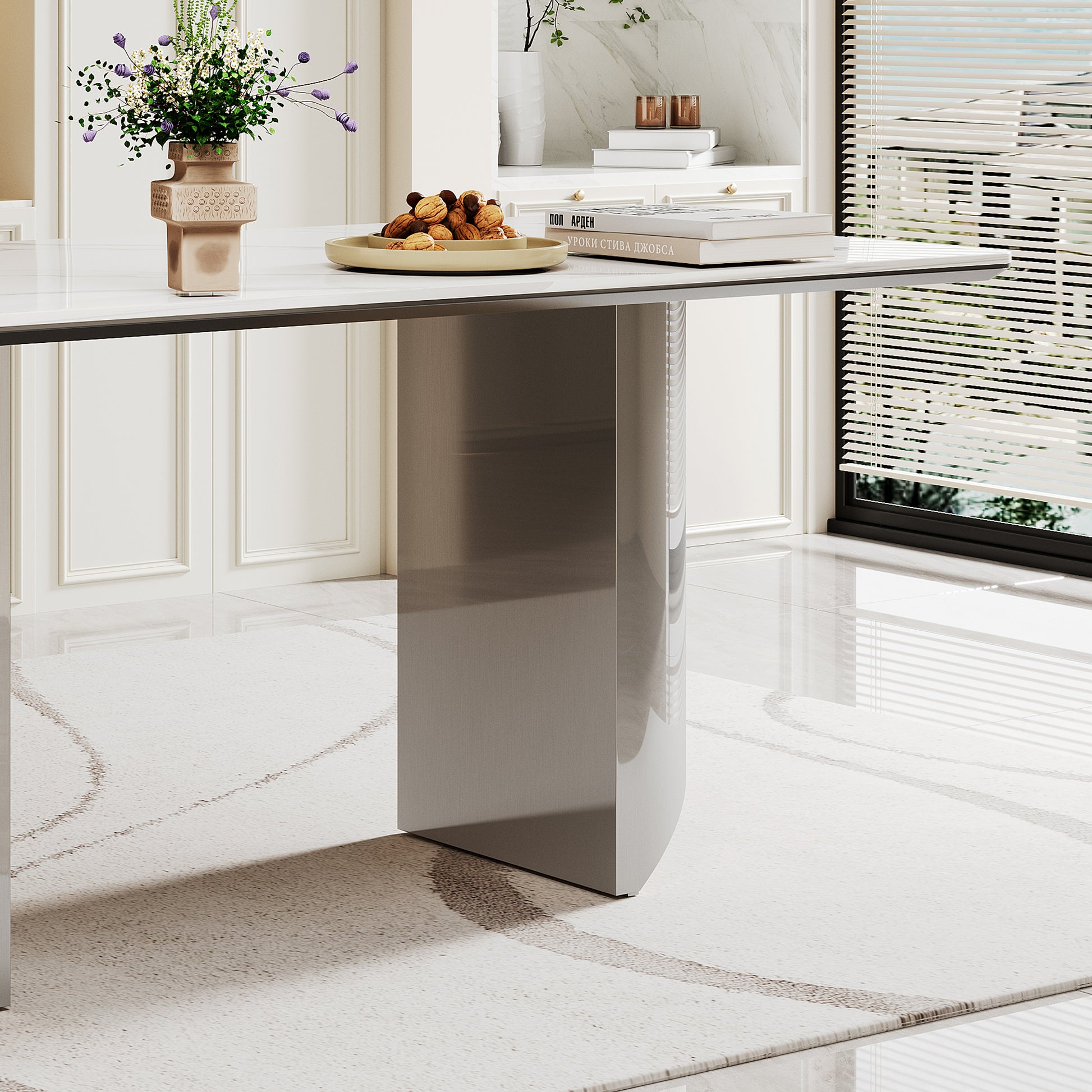 0.47" Thick Sintered Stone Composite Tempered Glass Top Dining Table With Stainless Steel Base Silver Sintered Stone