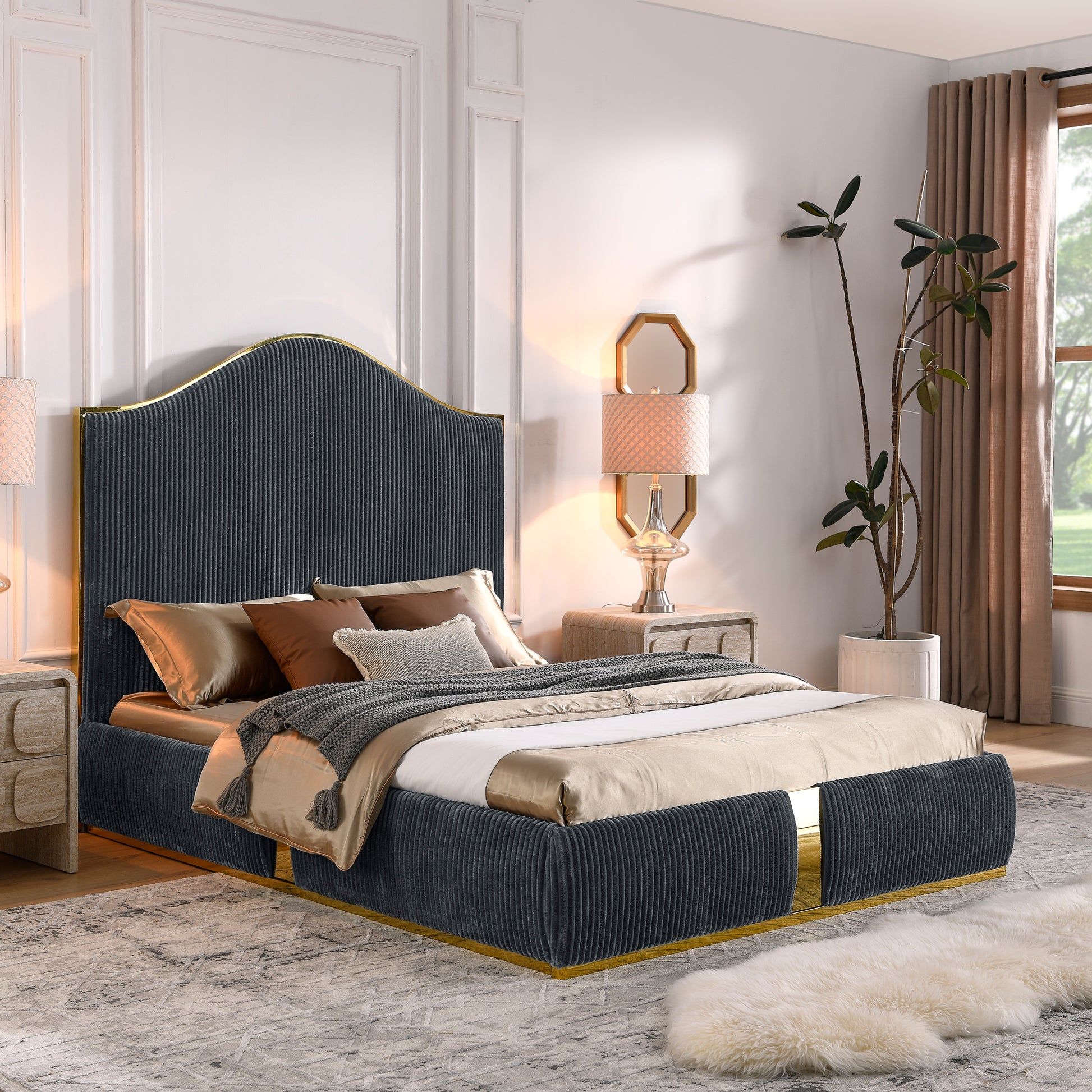 Corduroy Upholstered Bed Frame Queen Size 59.5" Tall Headboard Queen Bed Frame Metal Decoration No Box Spring Needed Box Spring Not Required Queen Grey Wood Bedroom Eucalyptus Velvet Upholstered