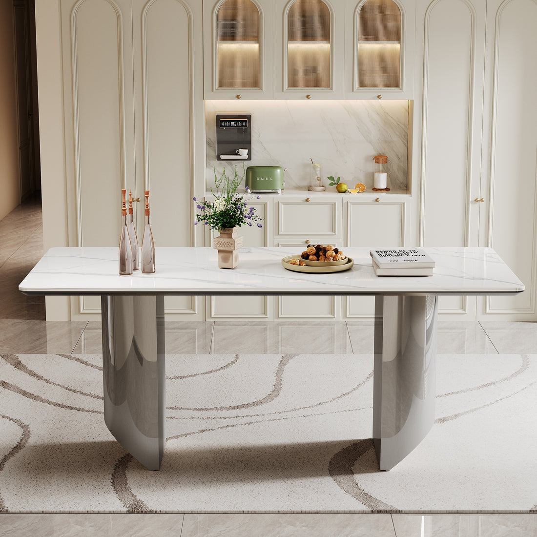 0.47" Thick Sintered Stone Composite Tempered Glass Top Dining Table With Stainless Steel Base Silver Sintered Stone