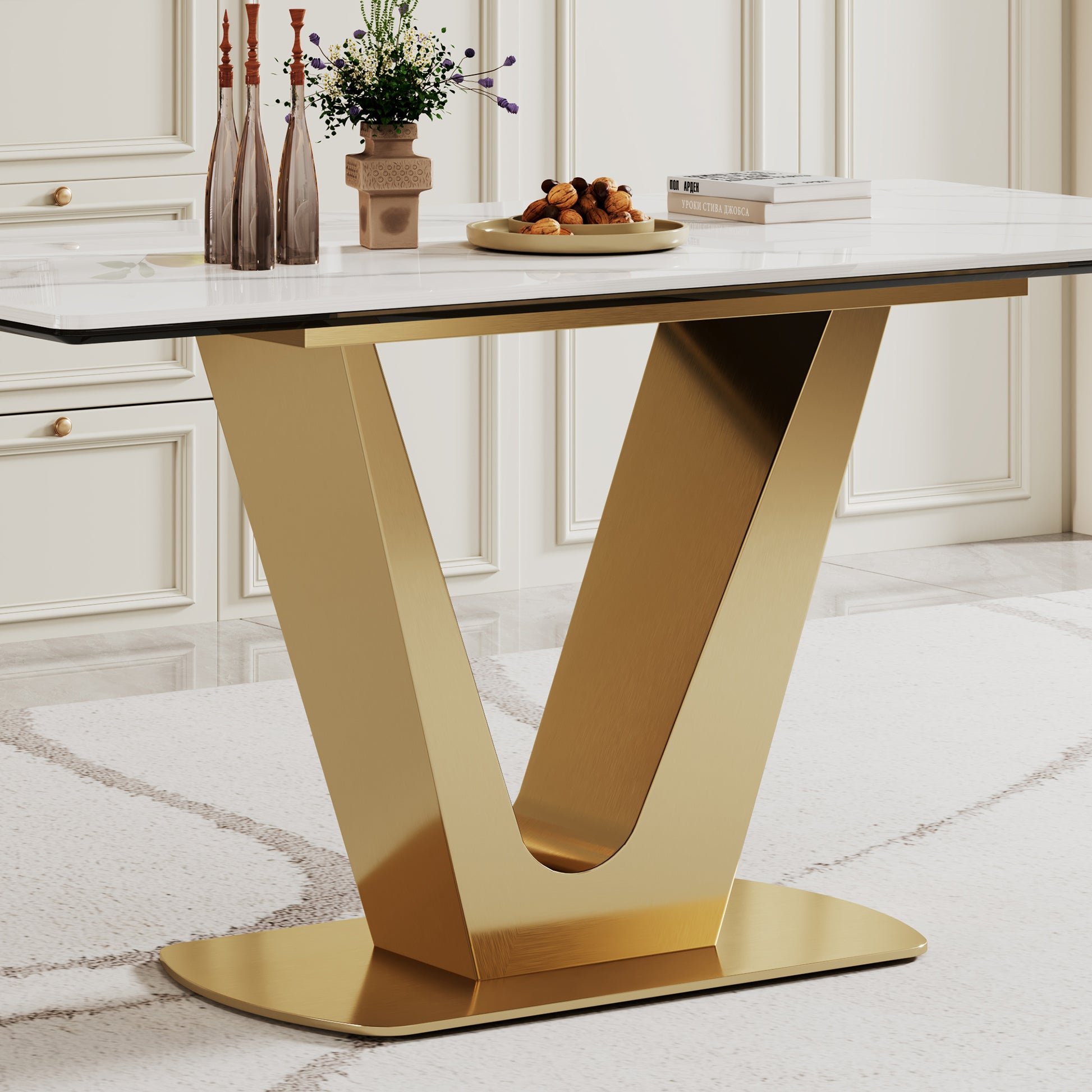 0.47" Thick Sintered Stone Composite Tempered Glass Top Dining Table With V Shape Stainless Steel Base Gold Sintered Stone