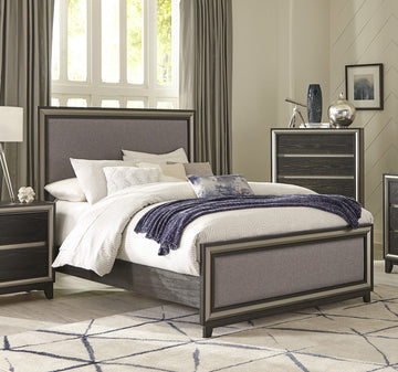 Ebony Finish And Silver Lining Modern Queen Bed Gray Upholstered Headboard Footboard Contemporary Wooden Bedroom Furniture Panel Bed 1Pc Box Spring Required Queen Gray Wood Bedroom Contemporary,Modern Panel Polyester Wood