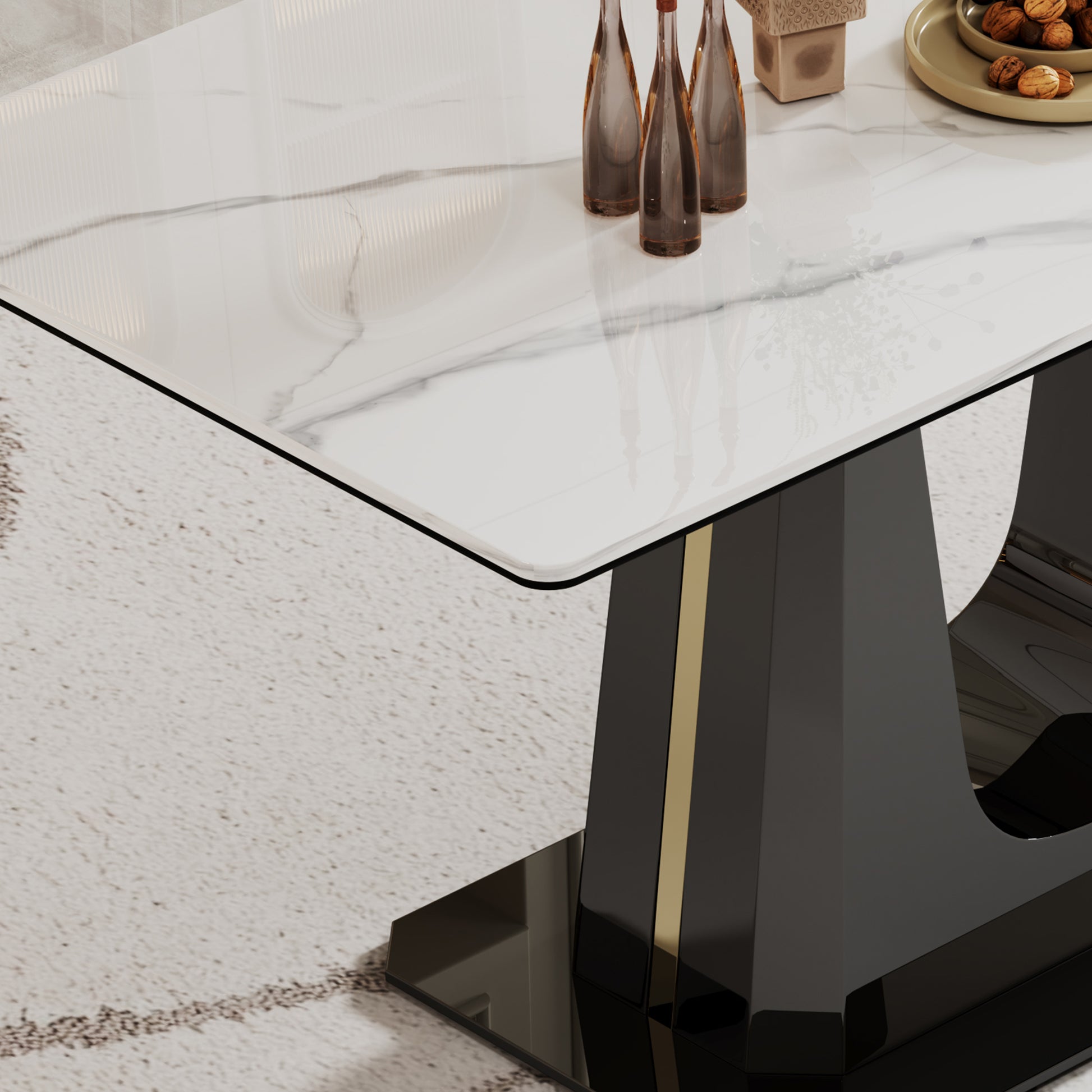 0.47" Thick Sintered Stone Composite Tempered Glass Top Rectangular Dining Table With Black Stainless Steel Base Black Sintered Stone