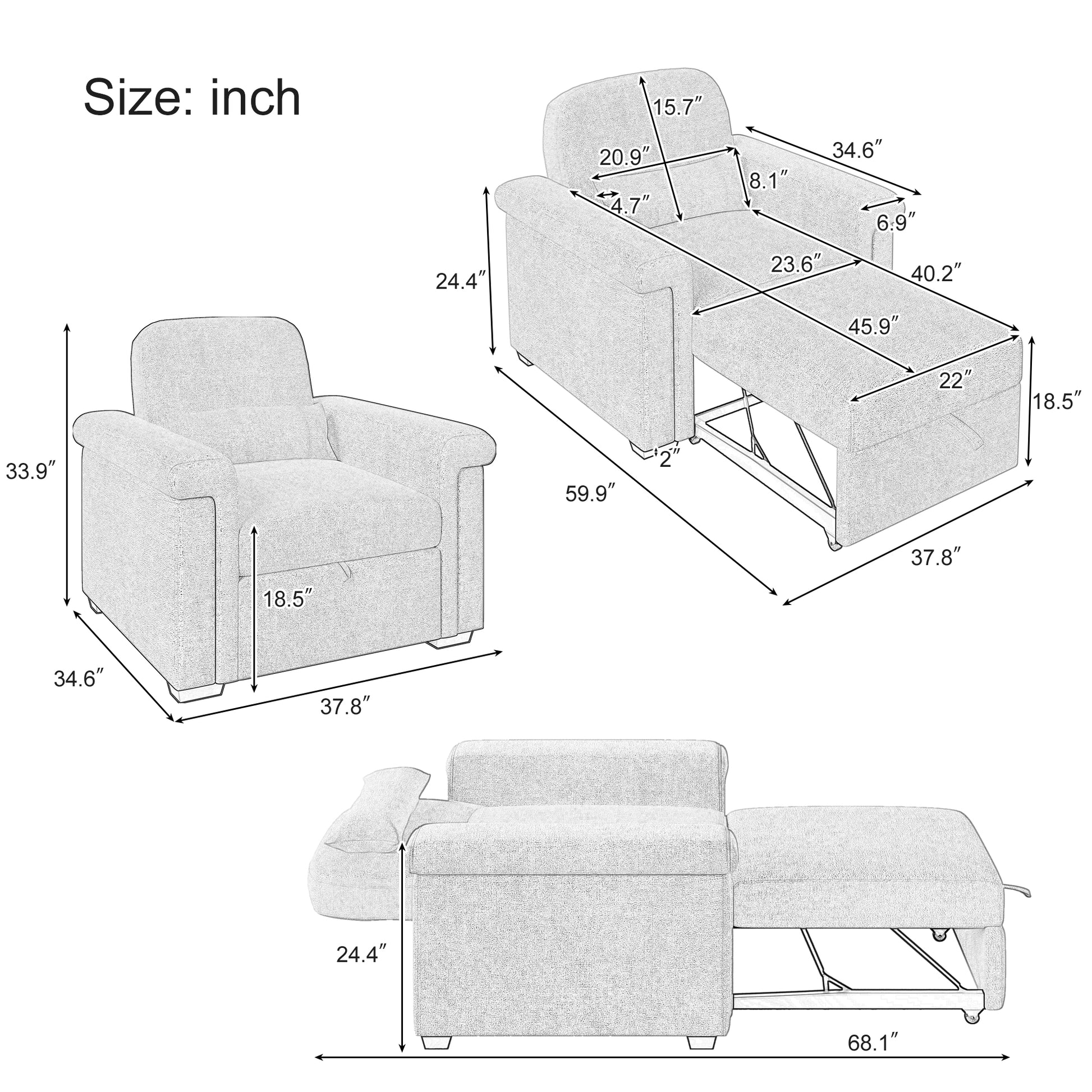 3 In 1 Convertible Sleeper Chair Sofa Bed Pull Out Couch Adjustable Chair With Pillow, Adjust Backrest Into A Sofa, Lounger Chair, Single Bed Or Living Room Or Apartment, Beige Beige Polyester