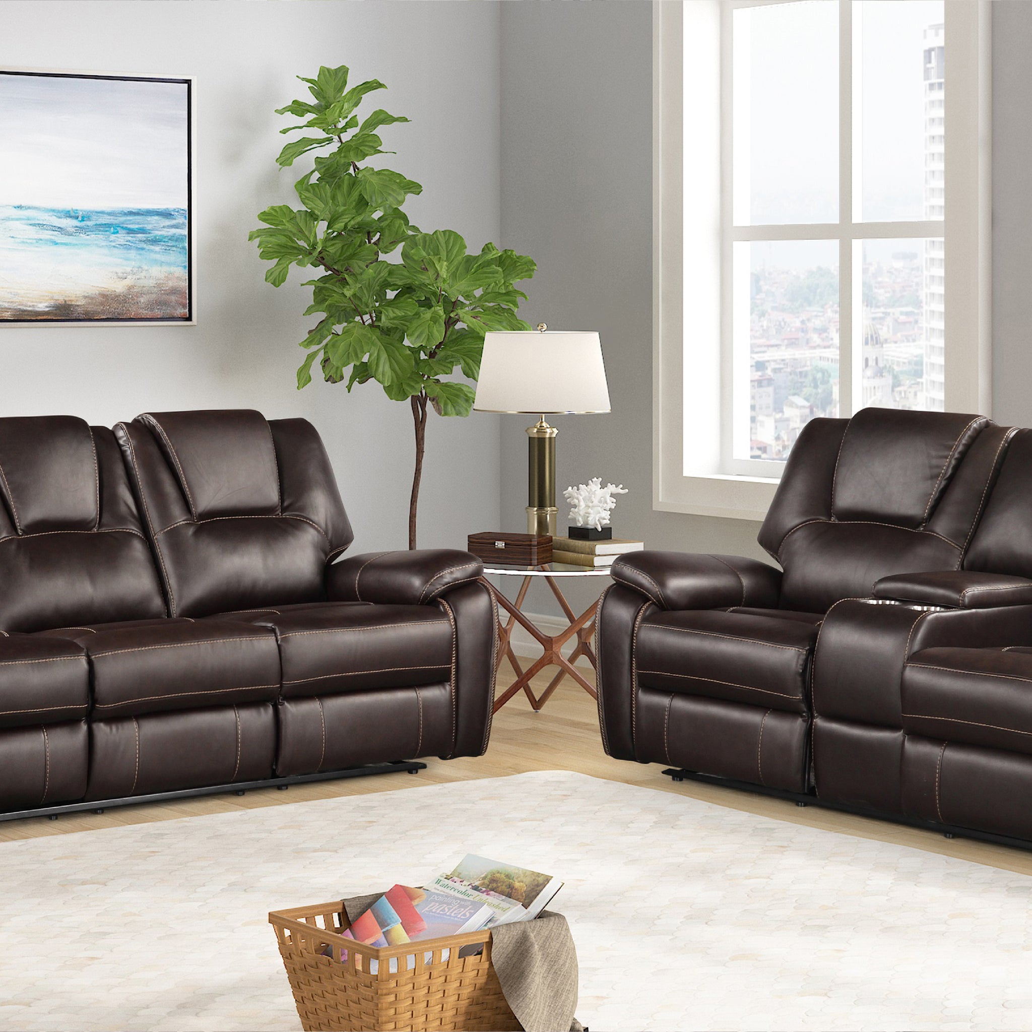 Hong Kong 2 Piece Power Reclining Sofa Set Made With Faux Leather In Brown Brown Faux Leather Metal Primary Living Space Medium Soft Cushion Back Contemporary,Modern Solid Wood Mdf Wood 5 Seat