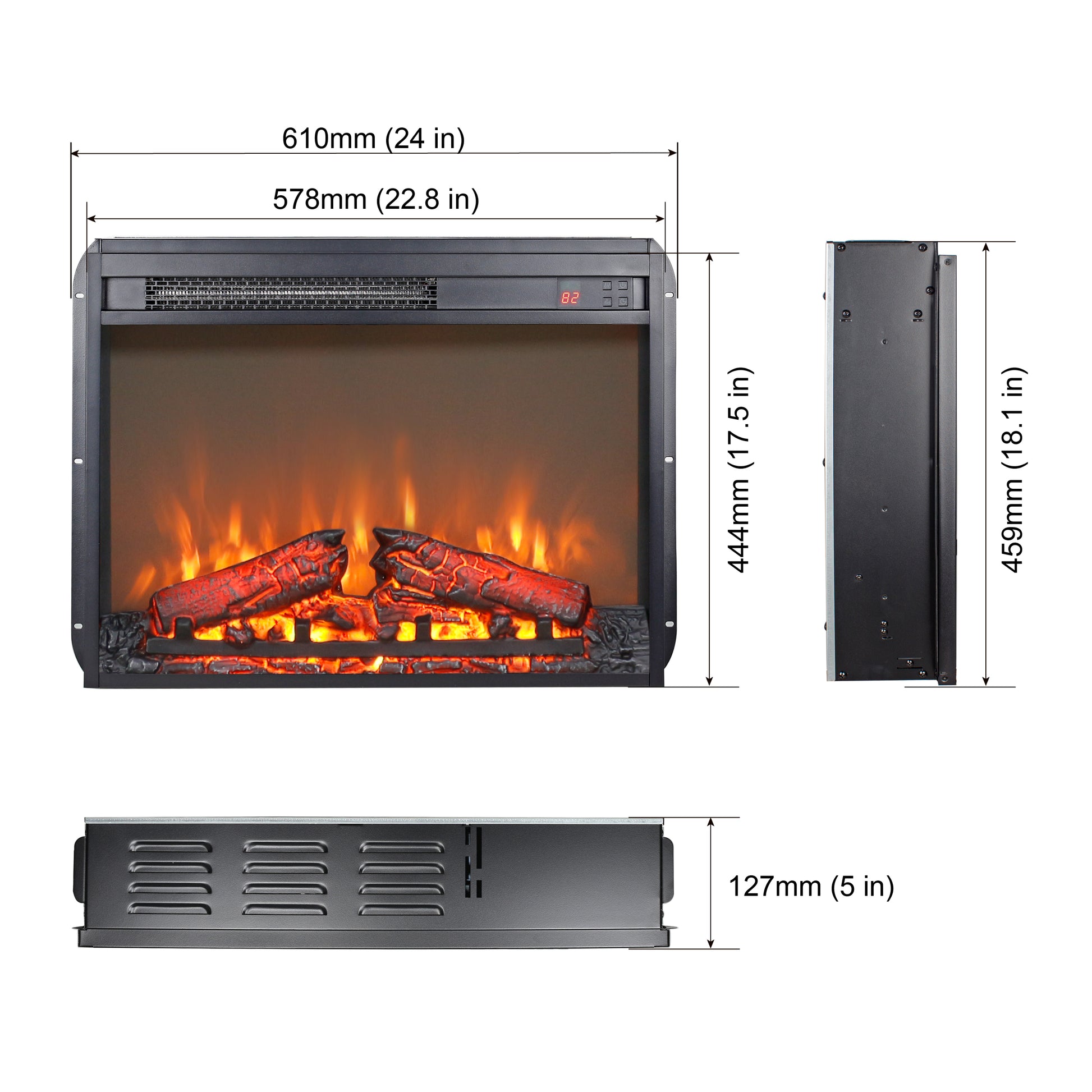 23 Inch Electric Fireplace Insert, Ultra Thin Heater With Log Set & Realistic Flame, Remote Control With Timer, Overheating Protection Antique Black Tempered Glass Sheet Metal Plastic