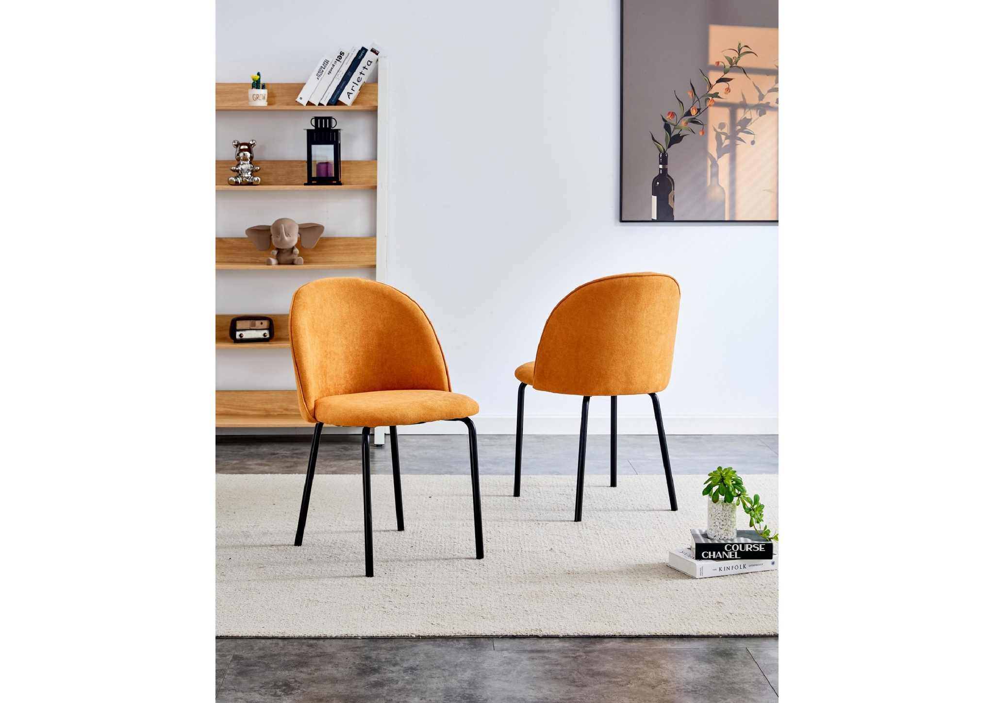 Orange Modern Chair Set Of 2 With Iron Tube Legs, Soft Cushions And Comfortable Backrest, Suitable For Dining Room, Living Room, Cafe,Hairball Back Orange Fabric