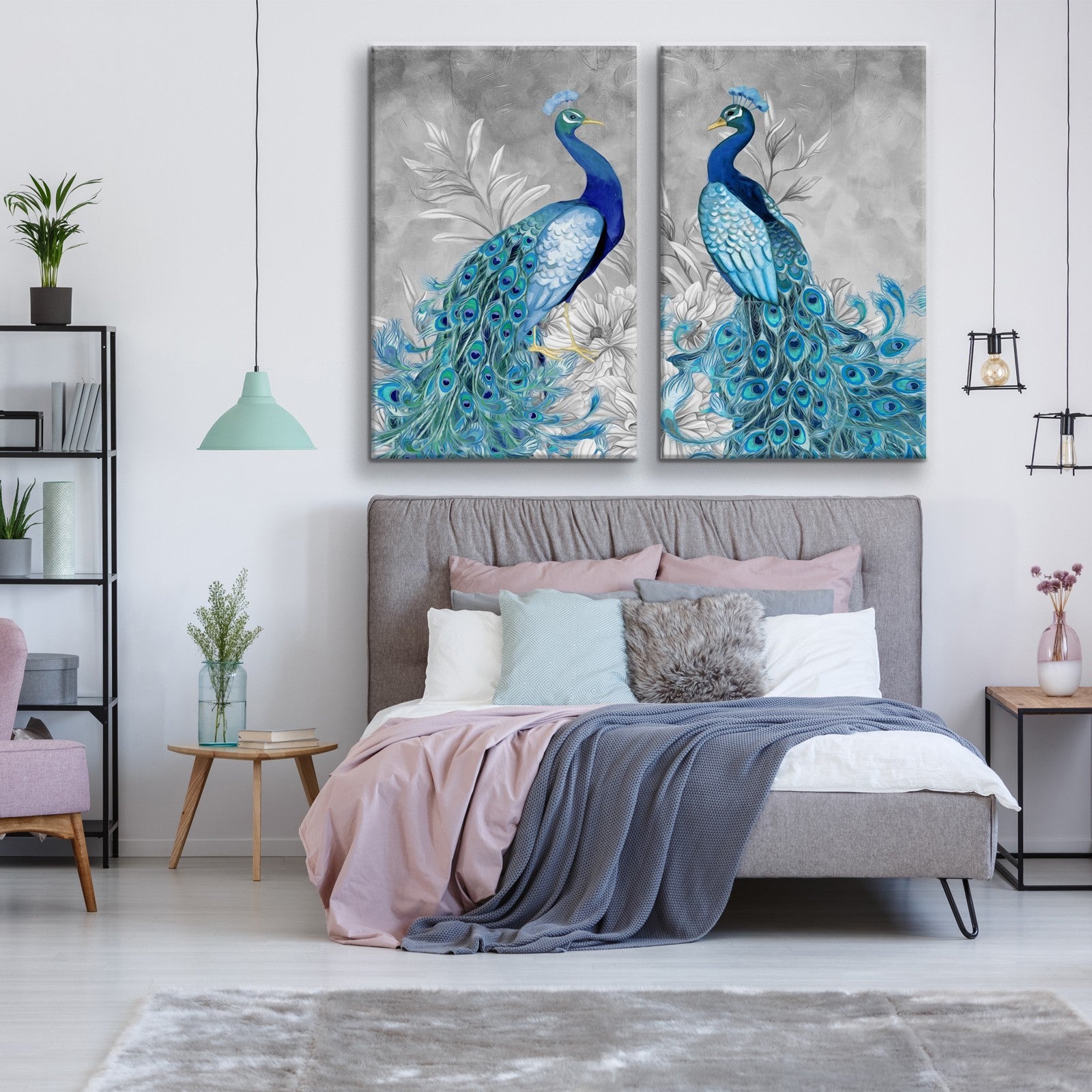 2 Panels Framed Elegant Blue Peacock Canvas Wall Art Decor,2 Pieces Mordern Canvas Decoration Painting For Office,Dining Room,Living Room, Bedroom Decor Ready To Hang Rectangle Framed Multicolor