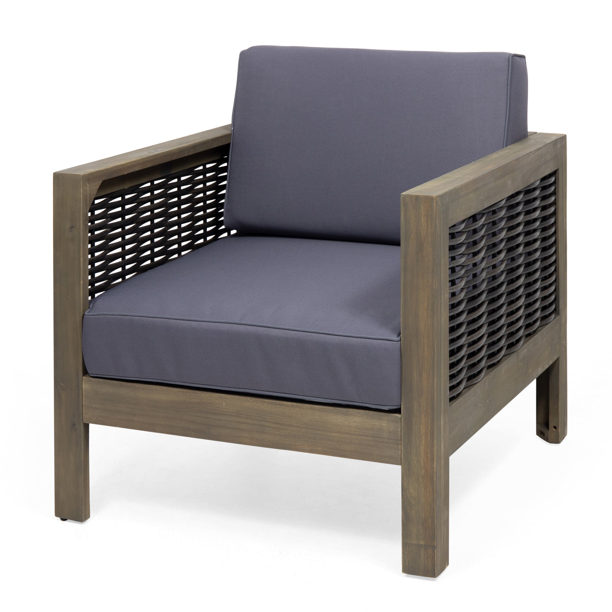 Outdoor 4 Seater Acacia Wood Chat Set With Wicker Accents And Cushions, Gray Mixed Gray Dark Gray Gray Acacia Wood