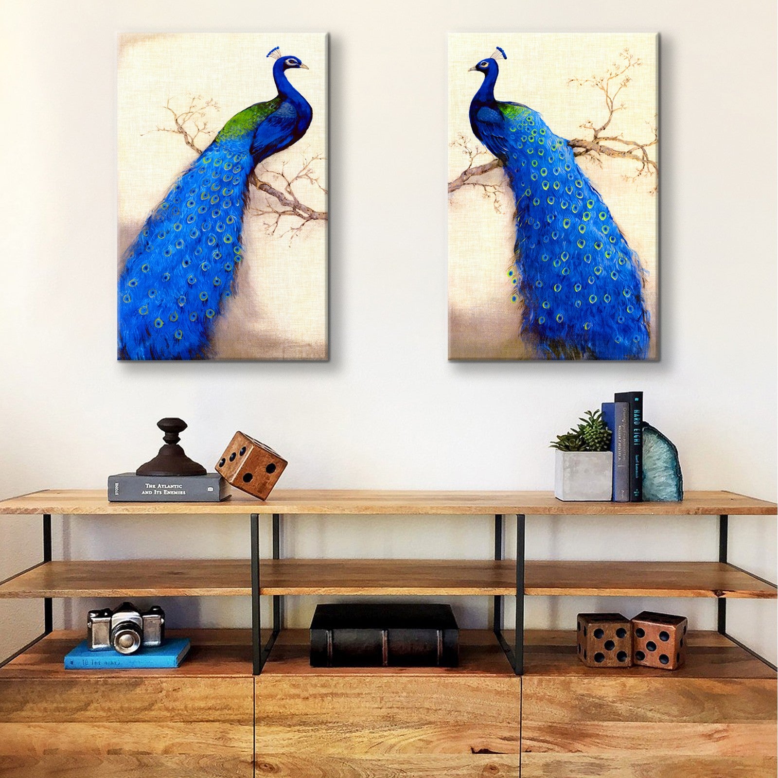 2 Panels Framed Elegant Blue Peacock Canvas Wall Art Decor,2 Pieces Mordern Canvas Decoration Painting For Office,Dining Room,Living Room, Bedroom Decor Ready To Hang Rectangle Framed Multicolor Oversized 41In Canvas Animals