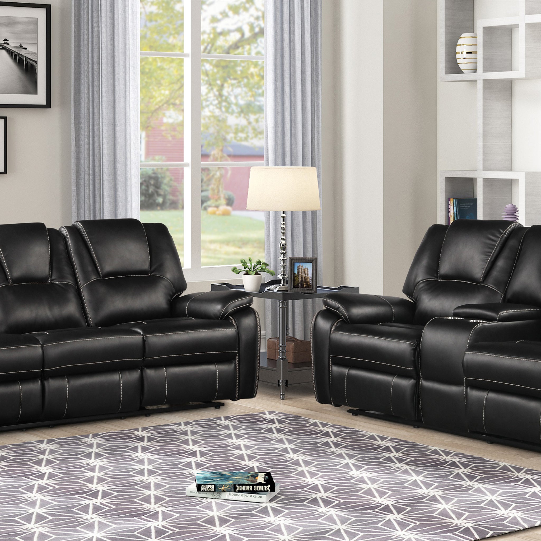 Hong Kong 2 Piece Power Reclining Sofa Set Made With Faux Leather In Black Black Faux Leather Metal Primary Living Space Medium Soft Cushion Back Contemporary,Modern Solid Wood Mdf Wood 5 Seat