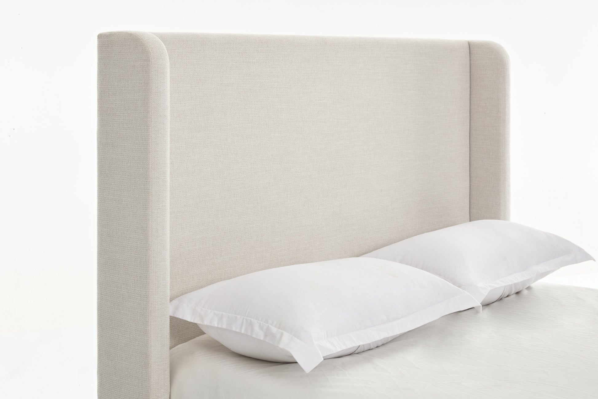 Harper Tall Headboard Upholstered Bed 54" High Headboard Elegant Simplicity No Box Spring Needed Easy Assembly Queen Textured Ivory Canvas Box Spring Not Required Queen Ivory Metal Brown Bedroom Contemporary Oak Bed Frame Foam Chenille Fabric Metal
