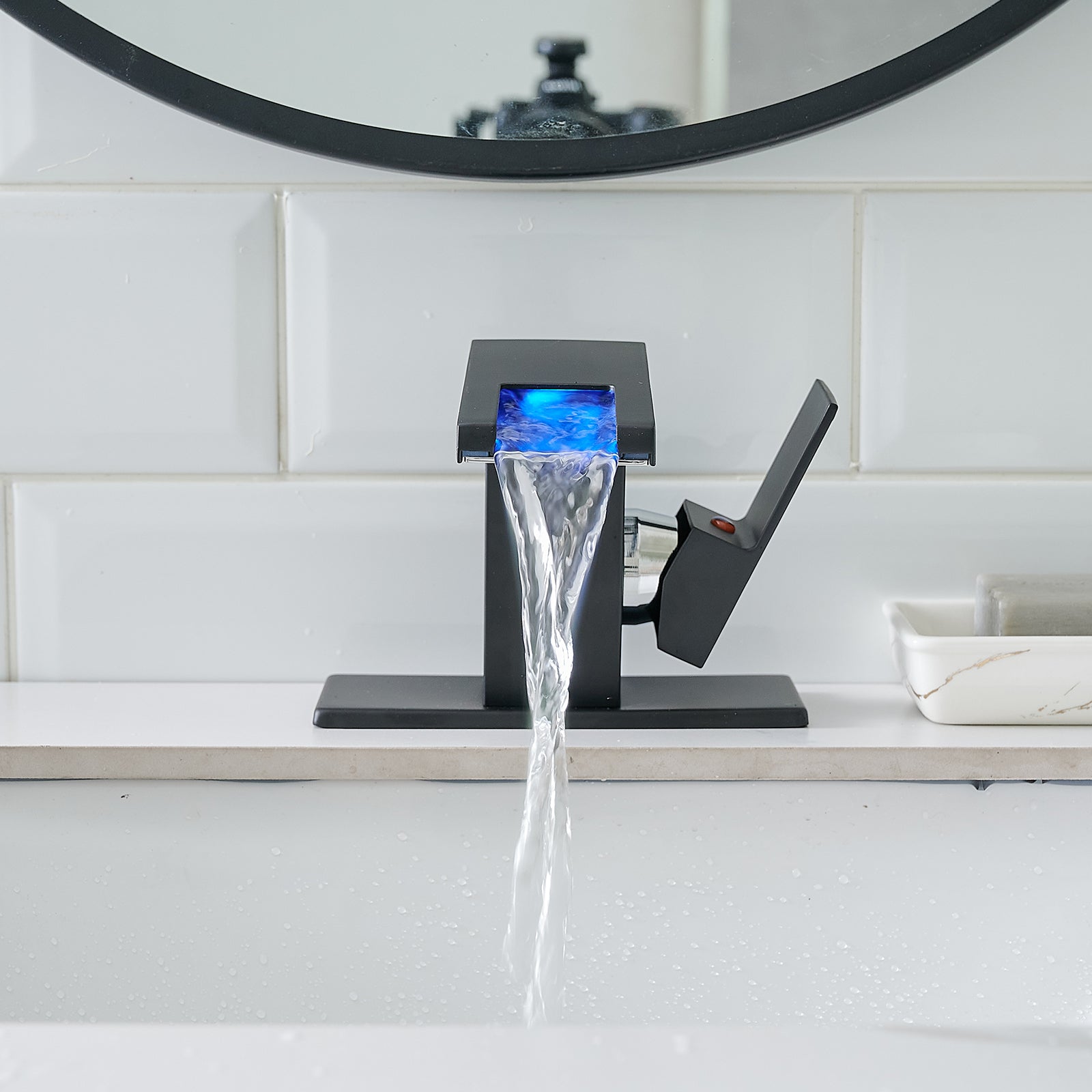 Bathroom Sink Faucet Led Light 3 Colors Changing Waterfall Glass Spout Hot Cold Water Mixer Single Handle One Hole Deck Mounted Bathroom Faucet Black Lavatory Vanity Basin Bath Plumbing Fixtures