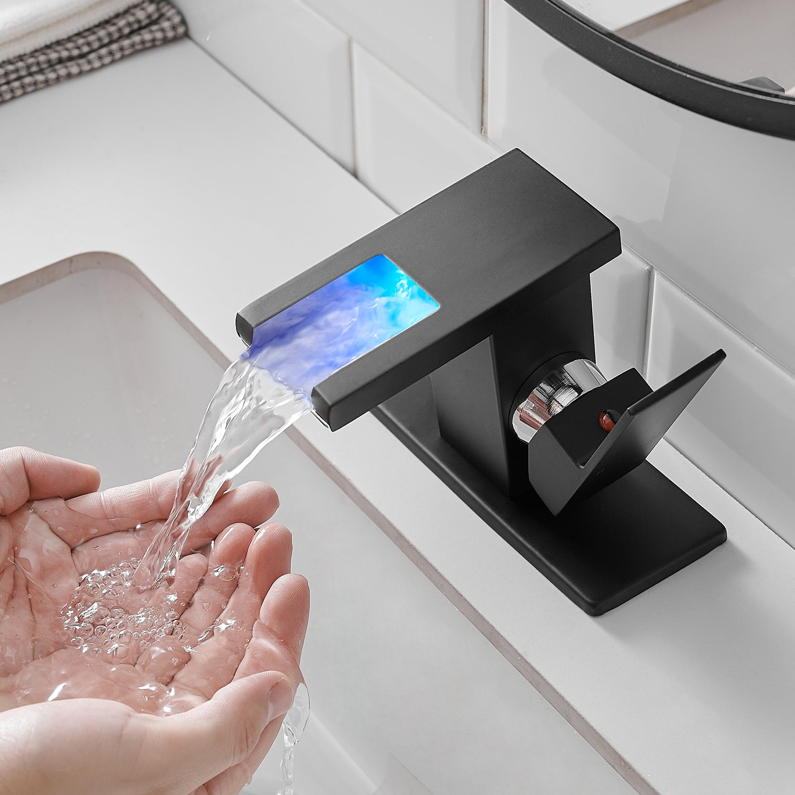 Bathroom Sink Faucet Led Light 3 Colors Changing Waterfall Glass Spout Hot Cold Water Mixer Single Handle One Hole Deck Mounted Bathroom Faucet Black Lavatory Vanity Basin Bath Plumbing Fixtures