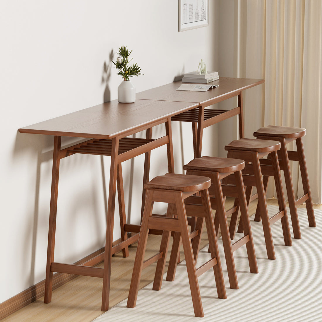 3 Pcs Pub Dining Set Retro Bar Table Rubber Wood Stackable Backless High Stool For 2 With Shelf And Hooks For Home Bar Small Space Antique Brown Rubber Wood