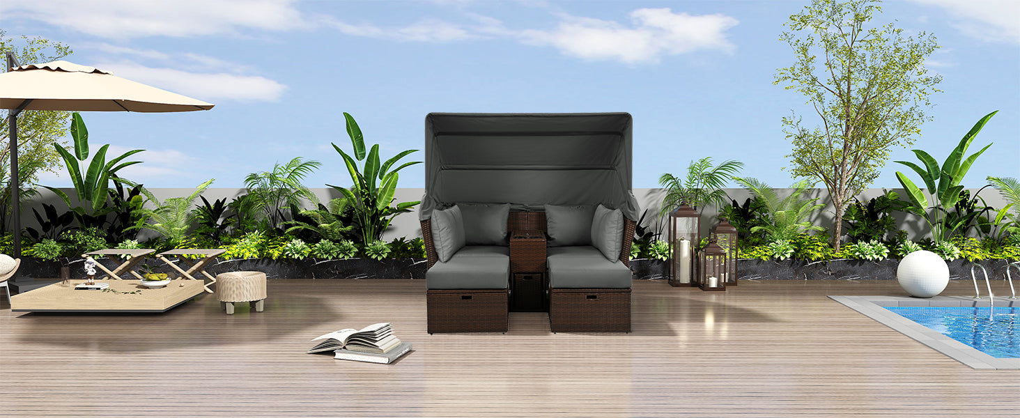 2 Seater Outdoor Patio Daybed Outdoor Double Daybed Outdoor Loveseat Sofa Set With Foldable Awning And Cushions For Garden, Balcony, Poolside, Grey Yes Grey Water Resistant Frame Water Resistant Cushion Garden & Outdoor Sectional Seating Groups Foam