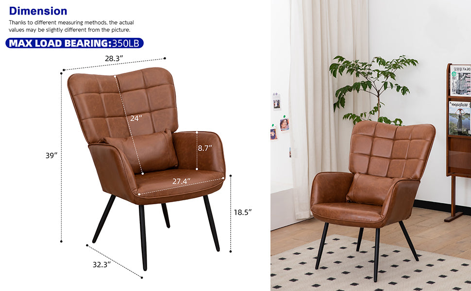 Bonded Leather Armchair, Modern Accent Chair High Back, Living Room Chairs With Metal Legs And Soft Padded, Sofa Chairs For Home Office,Bedroom,Dining Room Brown 1Pc Brown Bonded Leather