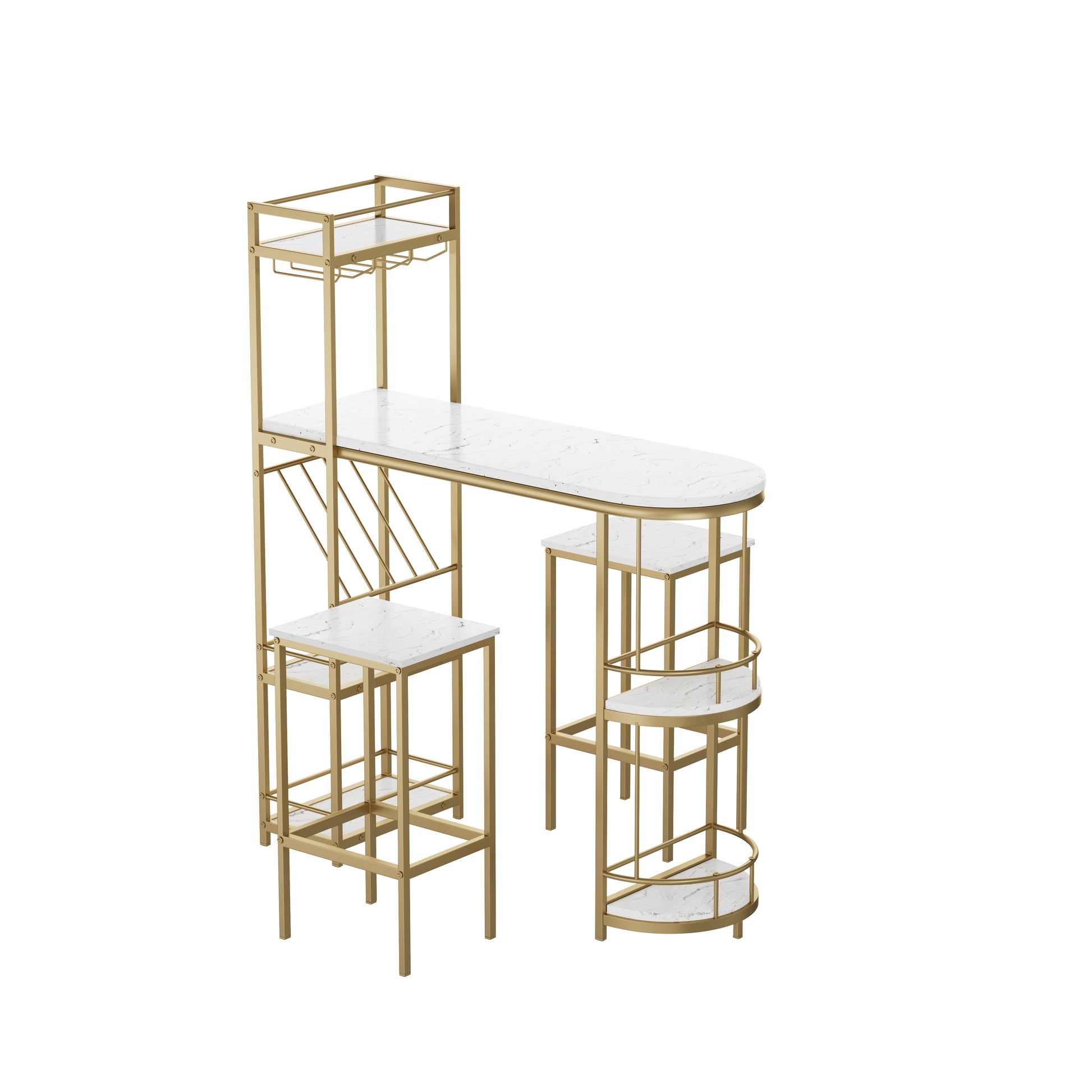 3 Pcs Bar Table And Chairs Set, Modern White Kitchen Bar Height Dining Table Wood Breakfast Pub Table With Gold Base With Shelves, Glass Rack, Wine Bottle Rack ,With 2 Bar Stools White Gold Dining Room Contemporary Floor Mount Rectangular Kitchen &