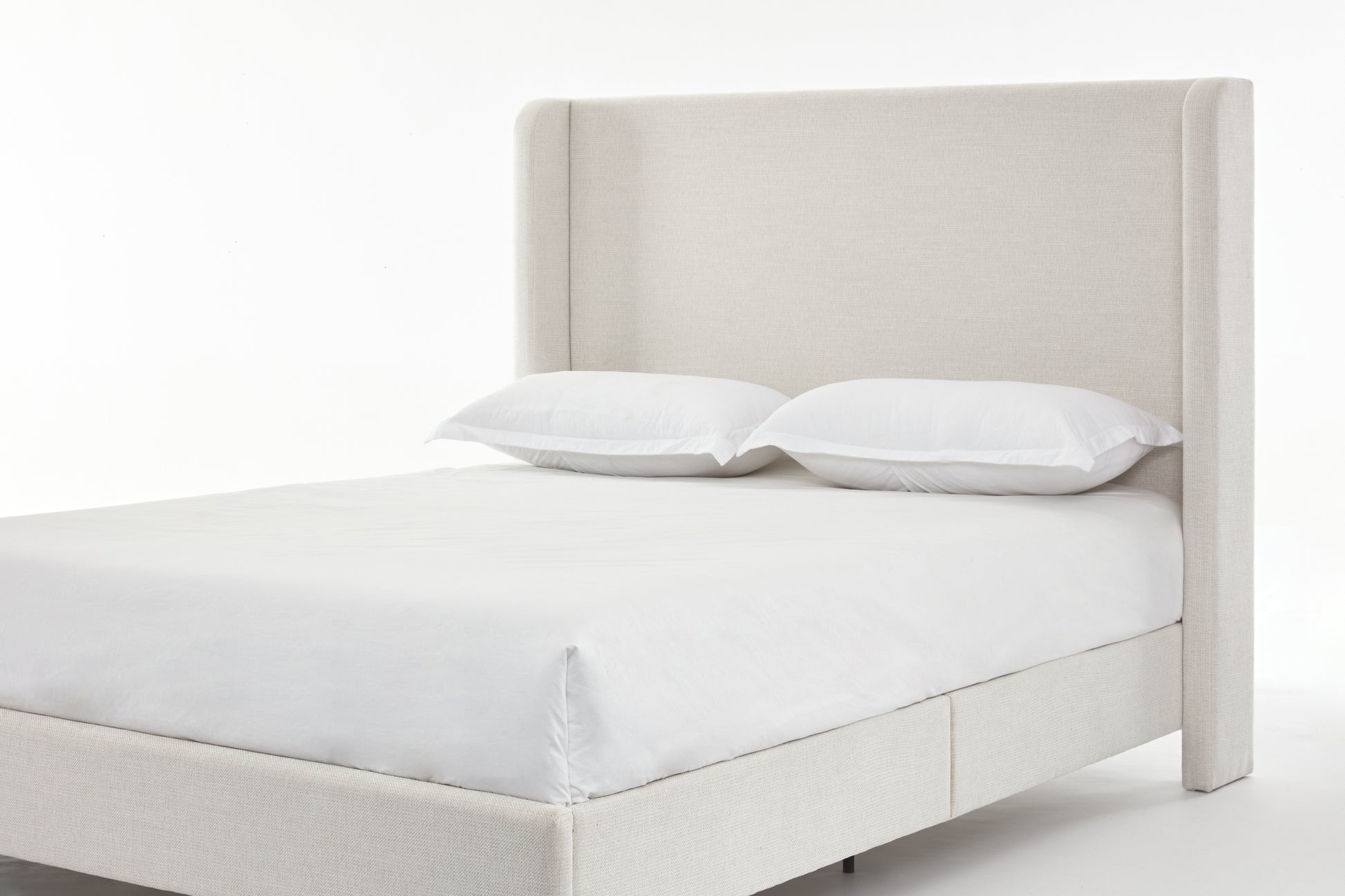 Harper Tall Headboard Upholstered Bed 54" High Headboard Elegant Simplicity No Box Spring Needed Easy Assembly Queen Textured Ivory Canvas Box Spring Not Required Queen Ivory Metal Brown Bedroom Contemporary Oak Bed Frame Foam Chenille Fabric Metal