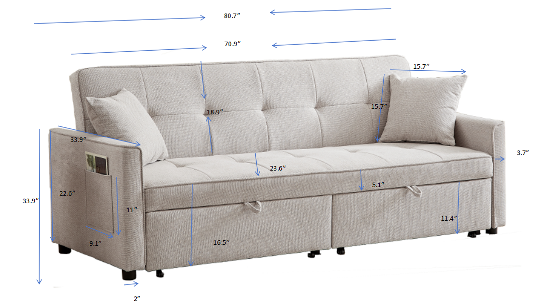 83.47 Inch Large Size Ivory Fabric 3 In 1 Convertible Sleeper Sofa Bed, For Living Room, Bedroom, Apartment, Office Ivory Fabric