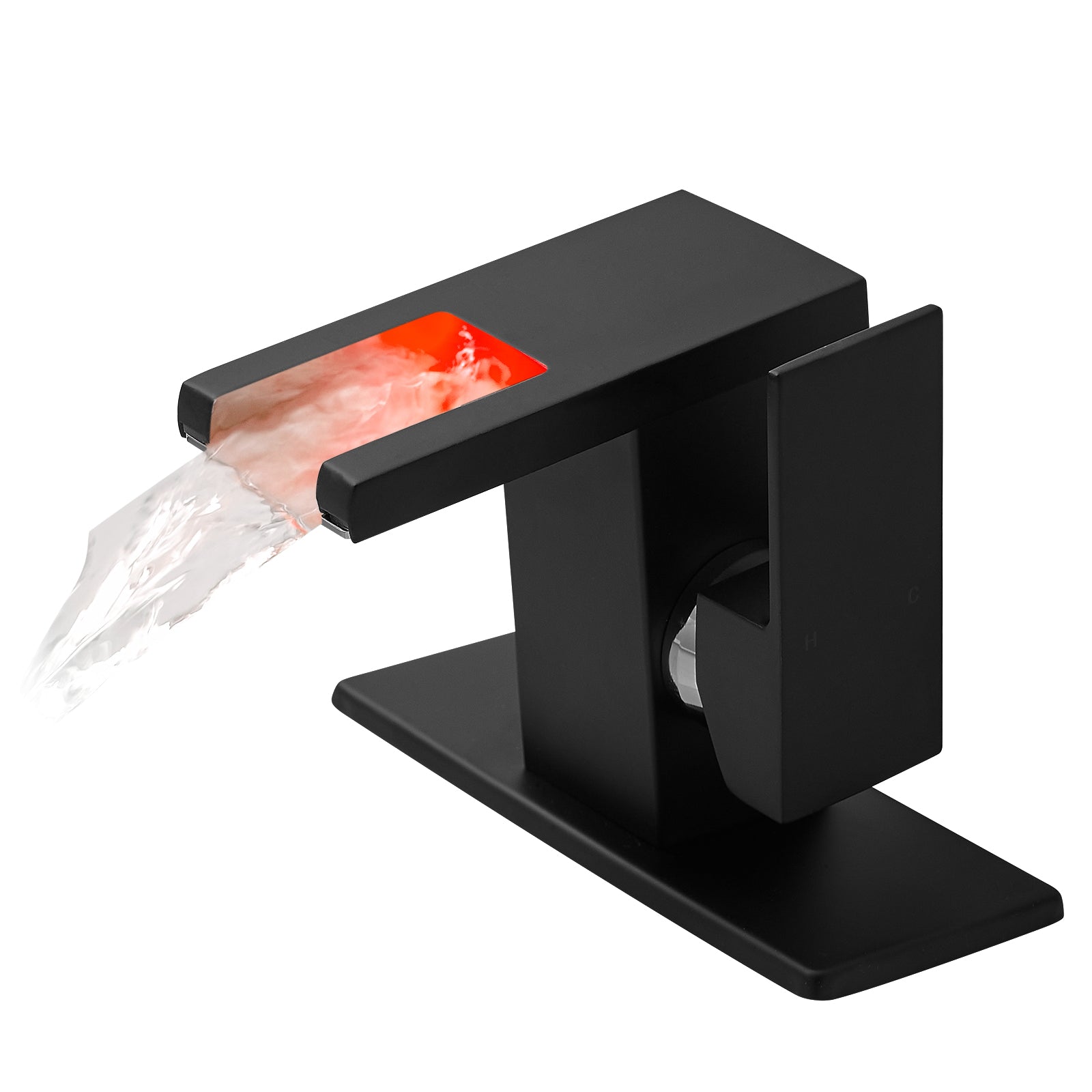 Bathroom Sink Faucet Led Light 3 Colors Changing Waterfall Glass Spout Hot Cold Water Mixer Single Handle One Hole Deck Mounted Bathroom Faucet Black Lavatory Vanity Basin Bath Plumbing Fixtures