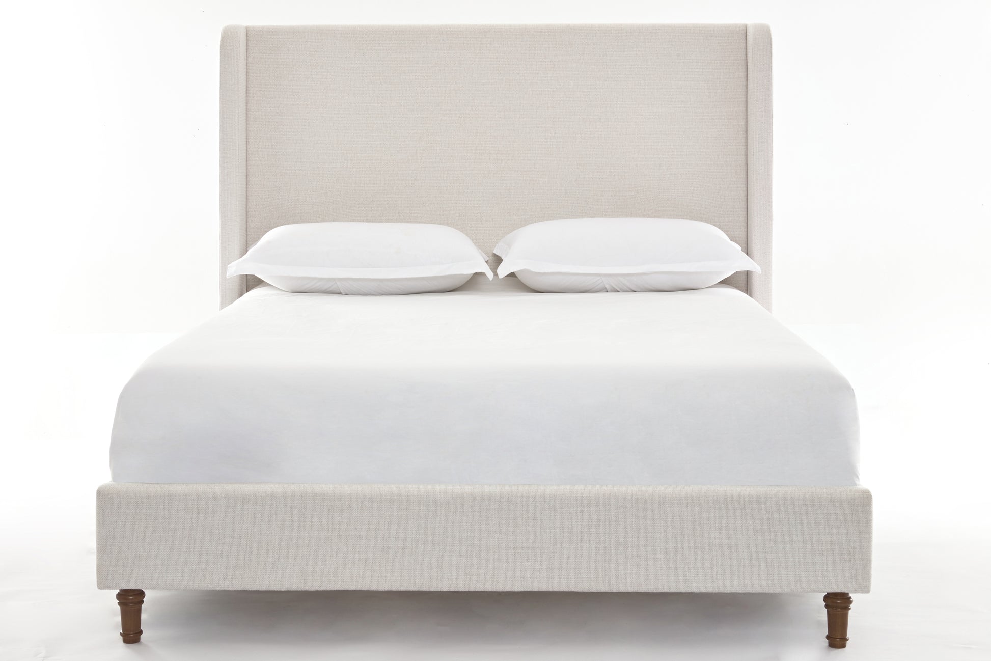 Harper Tall Headboard Upholstered Bed 54" High Headboard Elegant Simplicity No Box Spring Needed Easy Assembly Queen Textured Ivory Canvas Box Spring Not Required Queen Ivory Metal Brown Bedroom Contemporary Oak Bed Frame Foam Chenille Fabric Metal