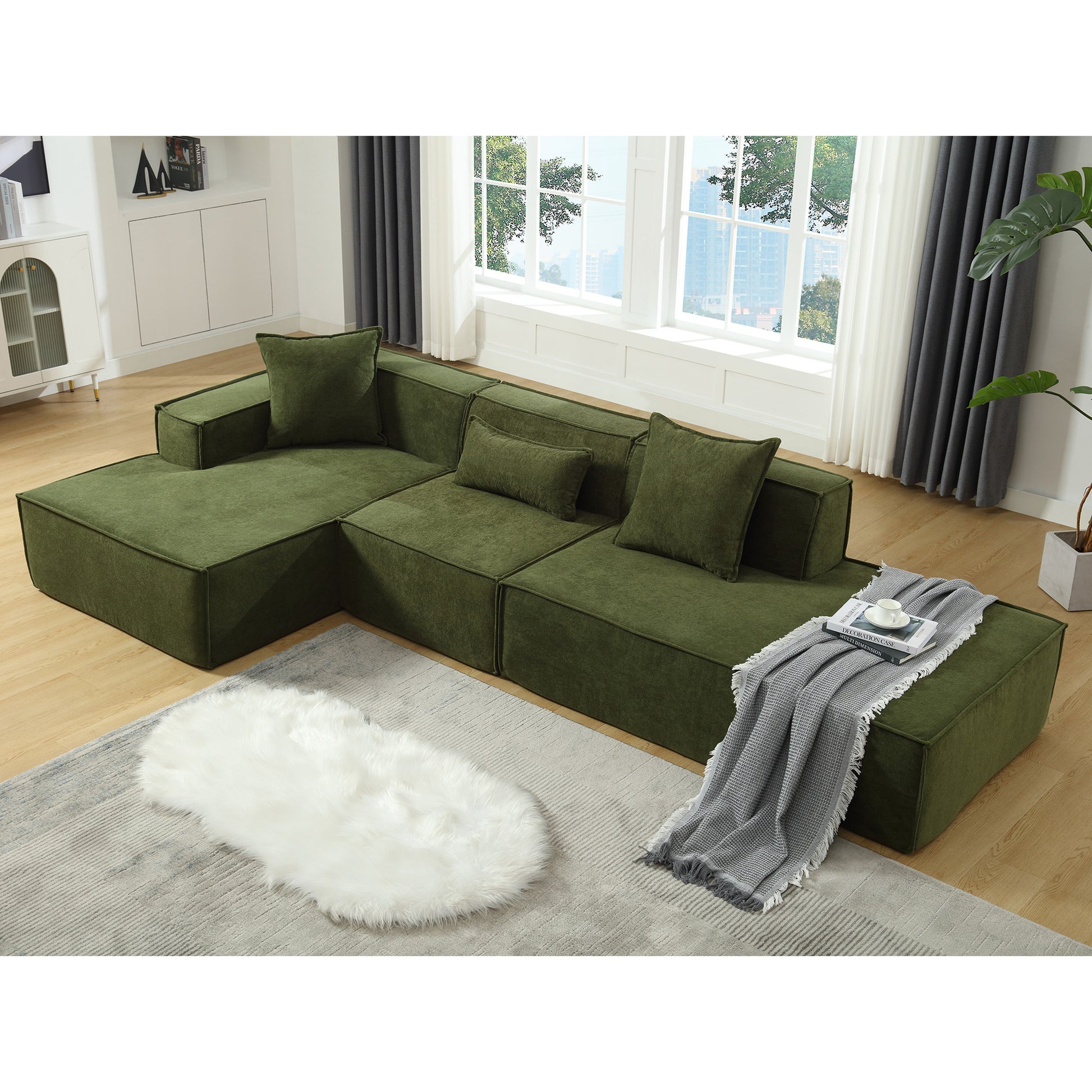 Modular Combination Living Room Sofa Set, Modern Minimalist Sofa, Free Installation Sofa, L Shaped, Italian Minimalist Tofu Block Sofa, Left Hand Facing,Terrycloth Fabric ,Green Green Polyester Primary Living Space Soft Modern Polyester 3 Seat