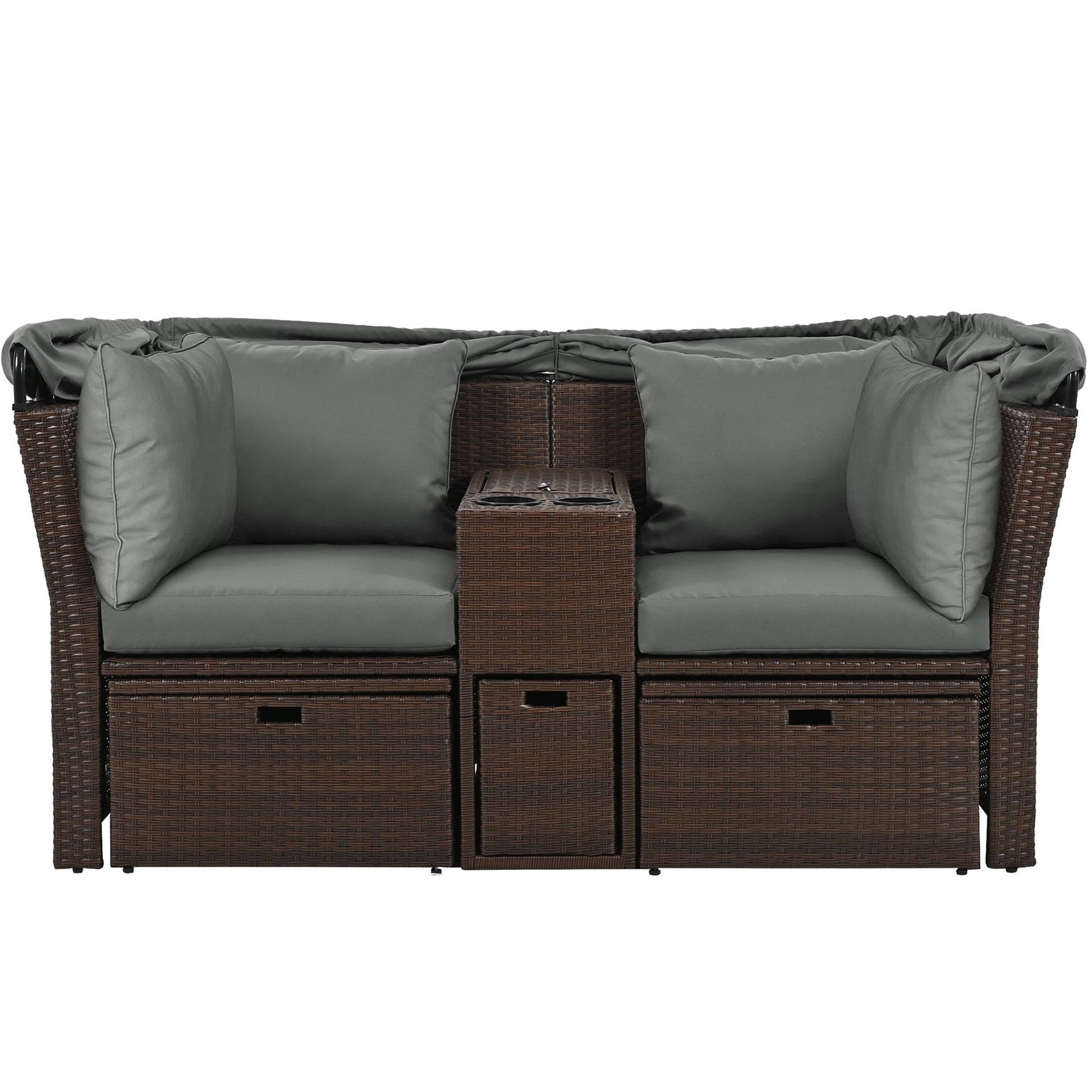 2 Seater Outdoor Patio Daybed Outdoor Double Daybed Outdoor Loveseat Sofa Set With Foldable Awning And Cushions For Garden, Balcony, Poolside, Grey Yes Grey Water Resistant Frame Water Resistant Cushion Garden & Outdoor Sectional Seating Groups Foam